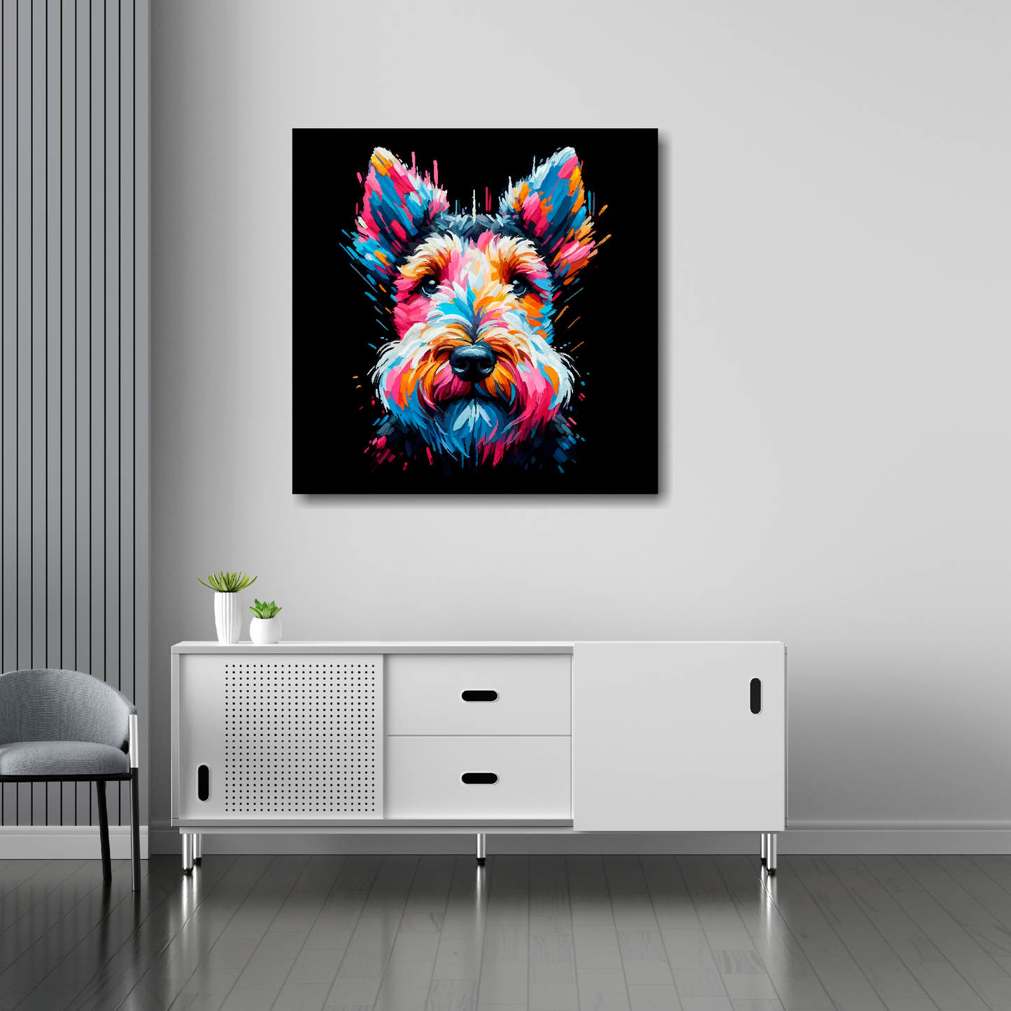 Welsh Terrier canvas 30x30 inches above sideboard - large colourful dog portrait UK made