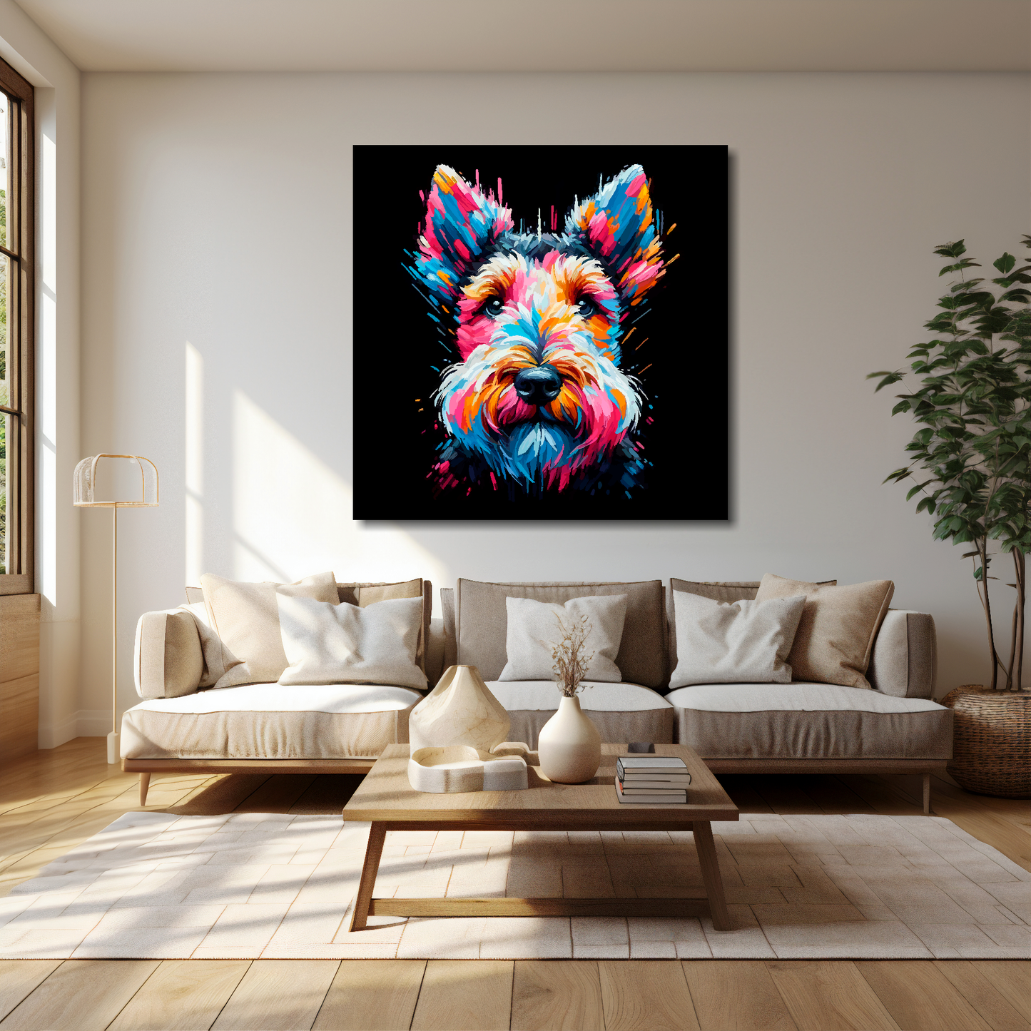 Welsh Terrier canvas 40x40 inches above cream sofa - XL vibrant dog wall art UK