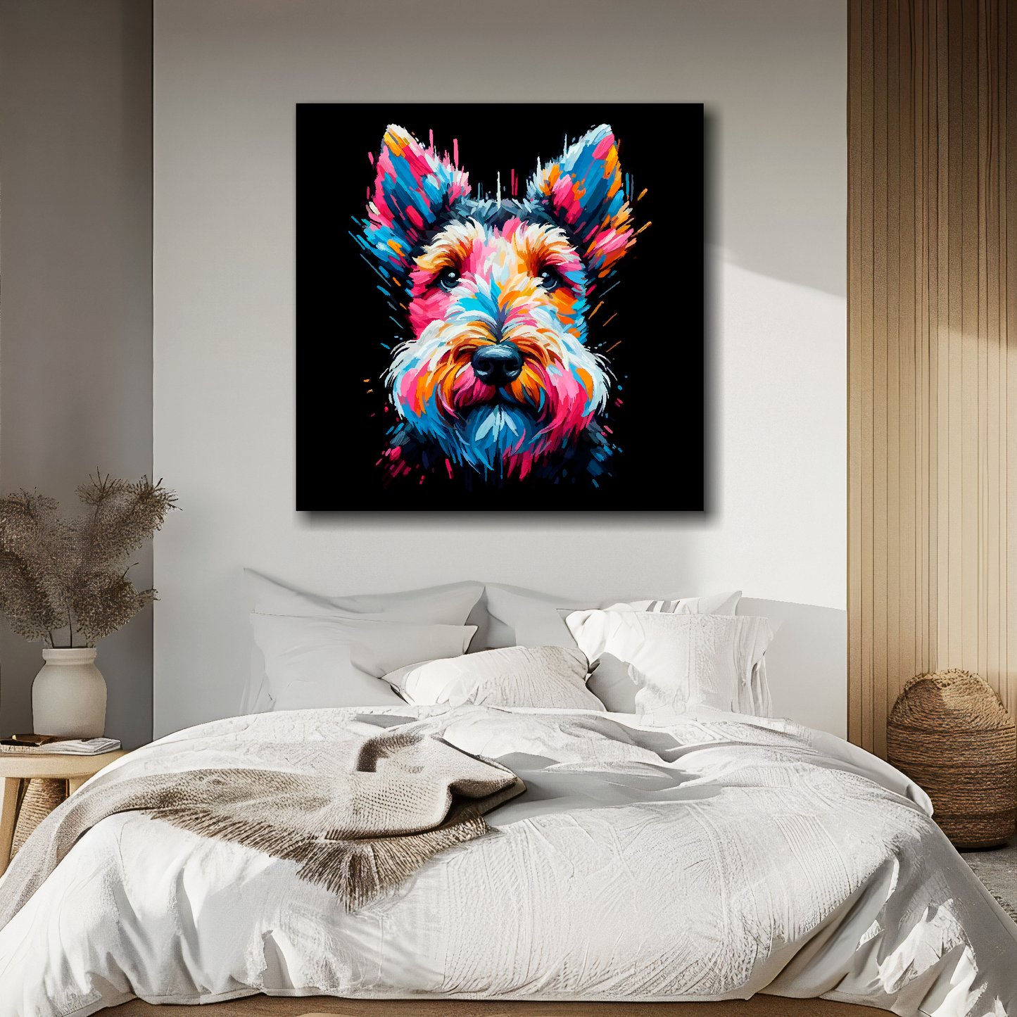 Welsh Terrier portrait canvas above bed - colourful dog wall decor for UK bedrooms