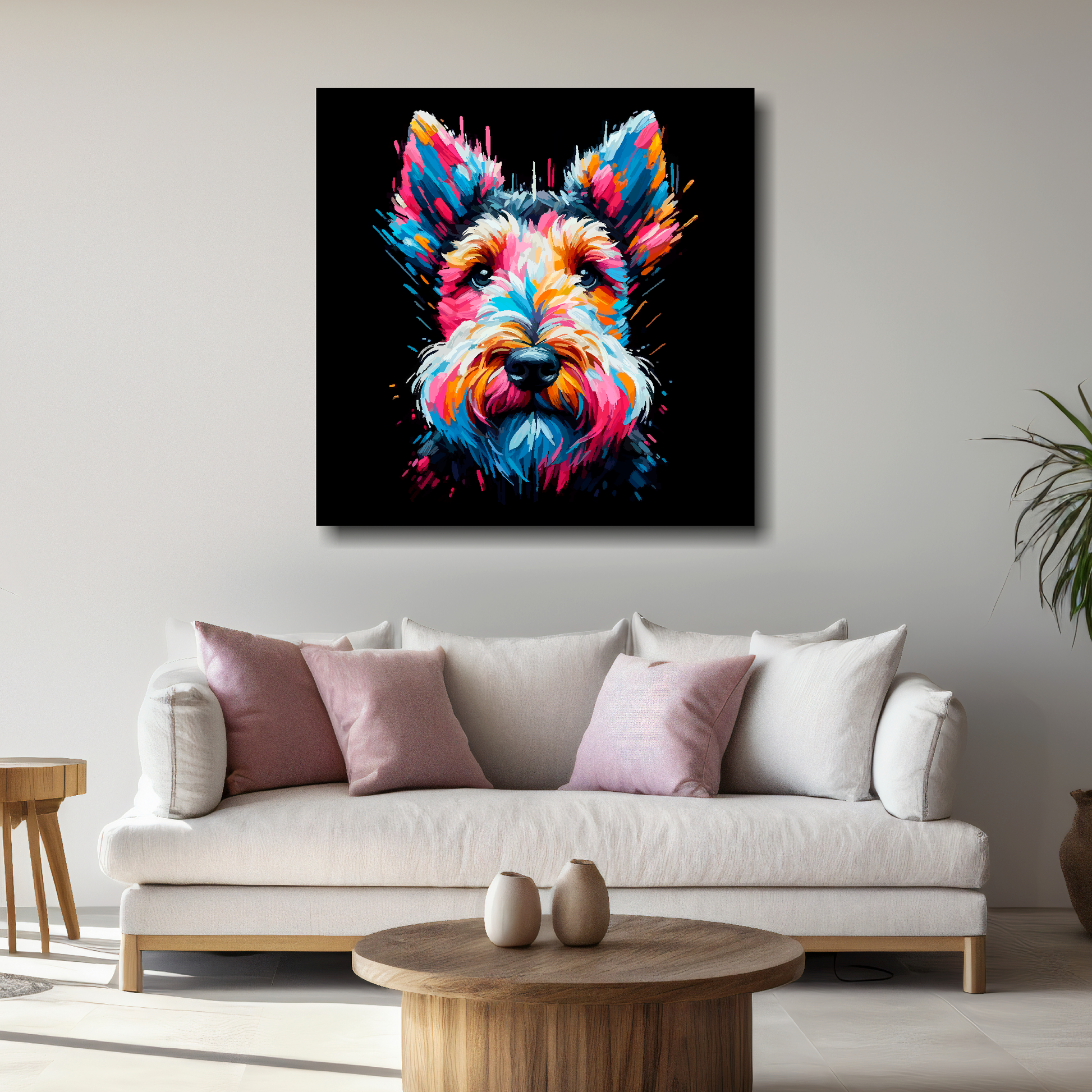 Large Welsh Terrier canvas above white sofa - vibrant abstract dog portrait wall art UK