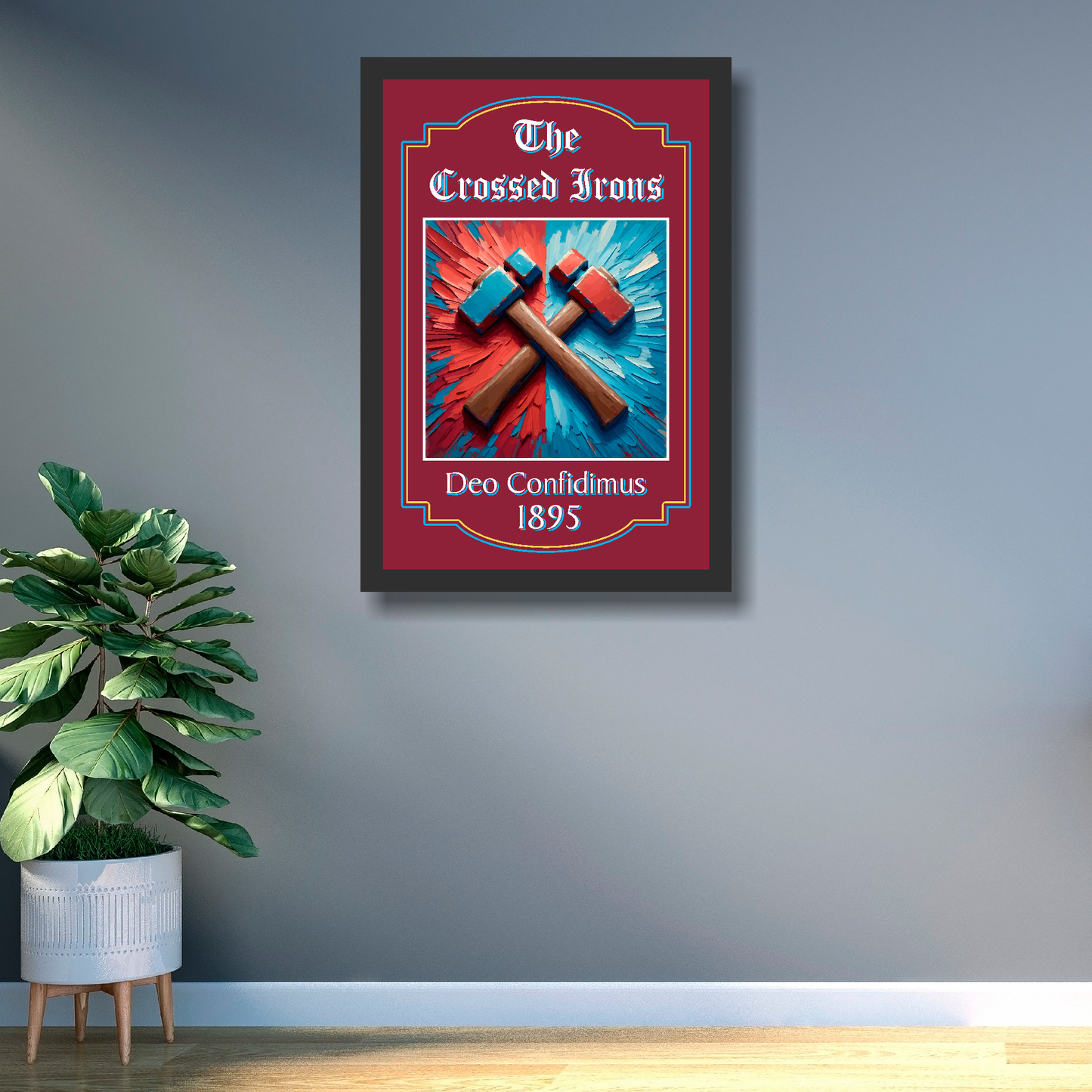 West Ham United large framed pub sign featuring crossed irons in a black wood frame