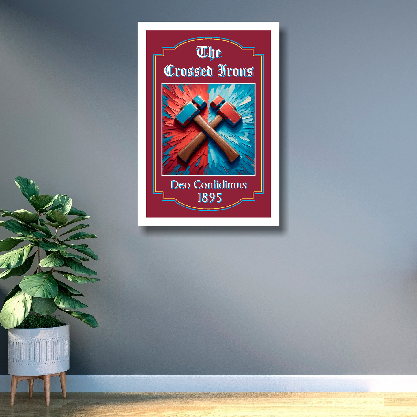West Ham United large framed pub sign featuring crossed irons in a white wooden frame