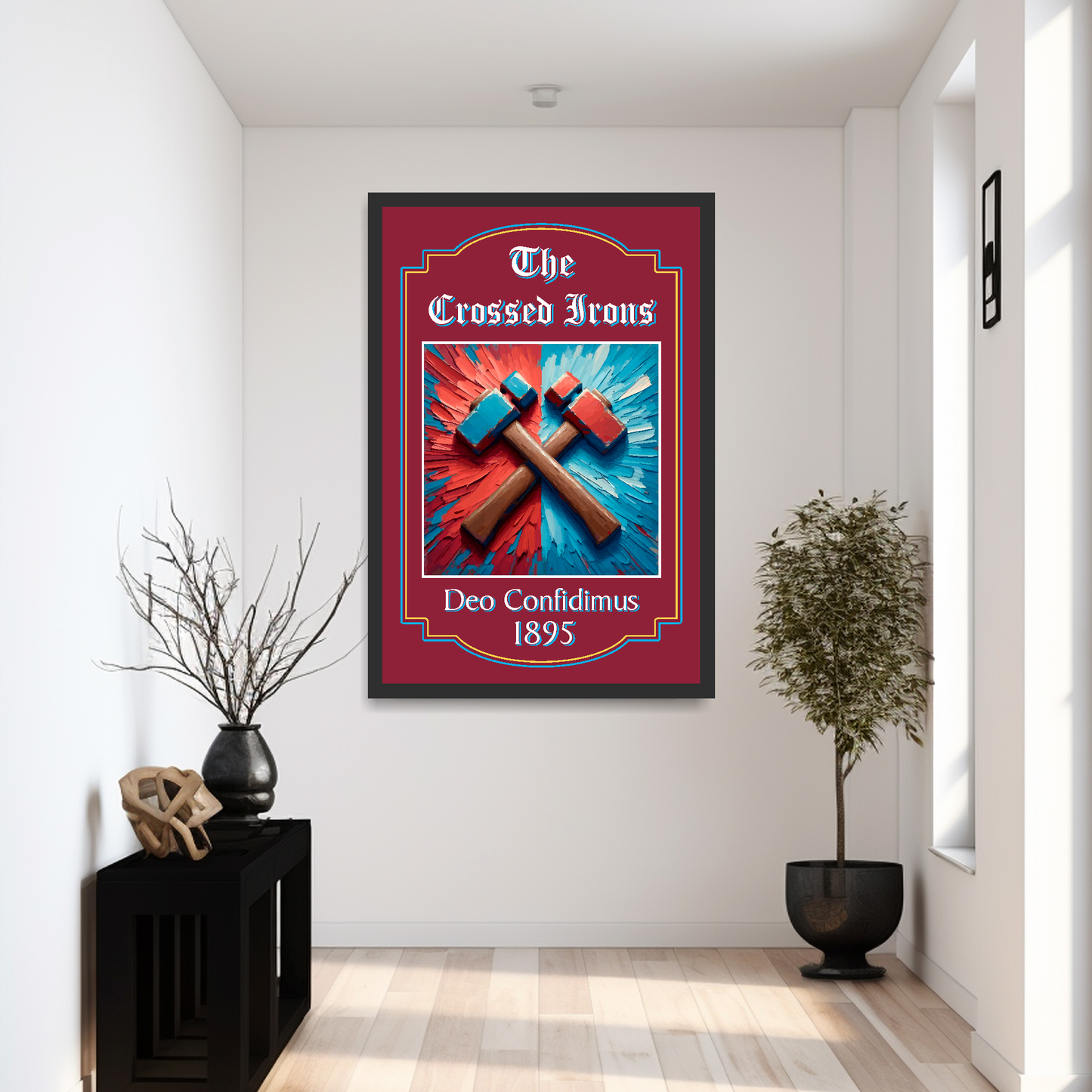 West Ham United extra large framed pub sign featuring crossed irons in a black wooden frame