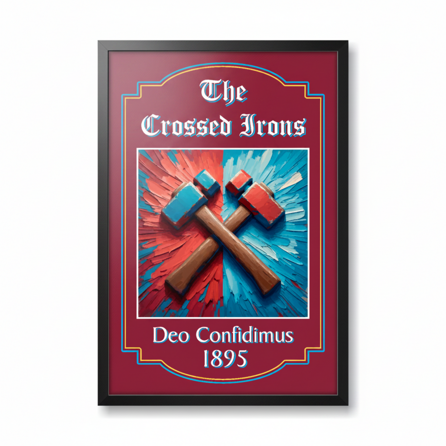 West Ham United framed pub sign featuring crossed irons in a black wood frame