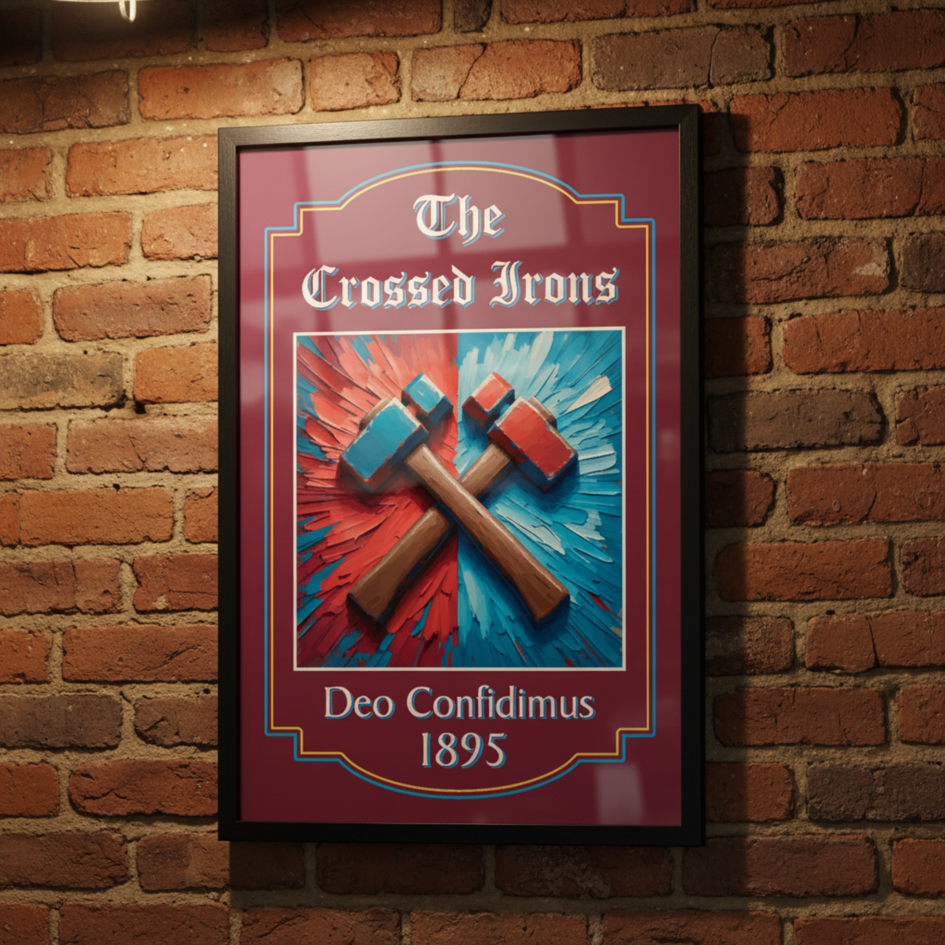 West Ham fc framed art print 'The Crossed Irons' with hammers on a brick wall in a bar setting.