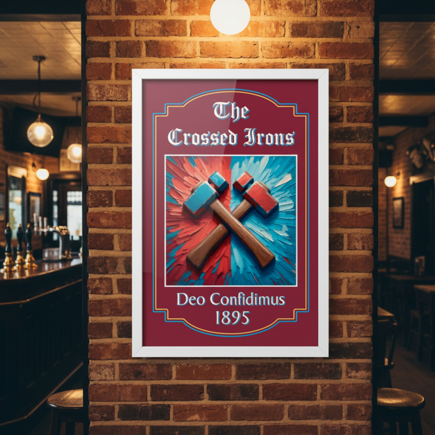 West Ham framed art print 'The Crossed Irons' with hammers on a brick wall in a bar setting.