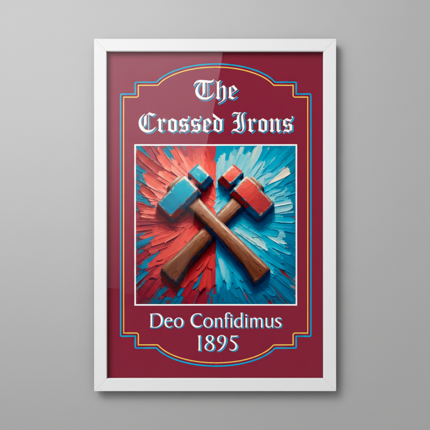 West Ham United framed pub sign featuring crossed irons in a white wooden frame