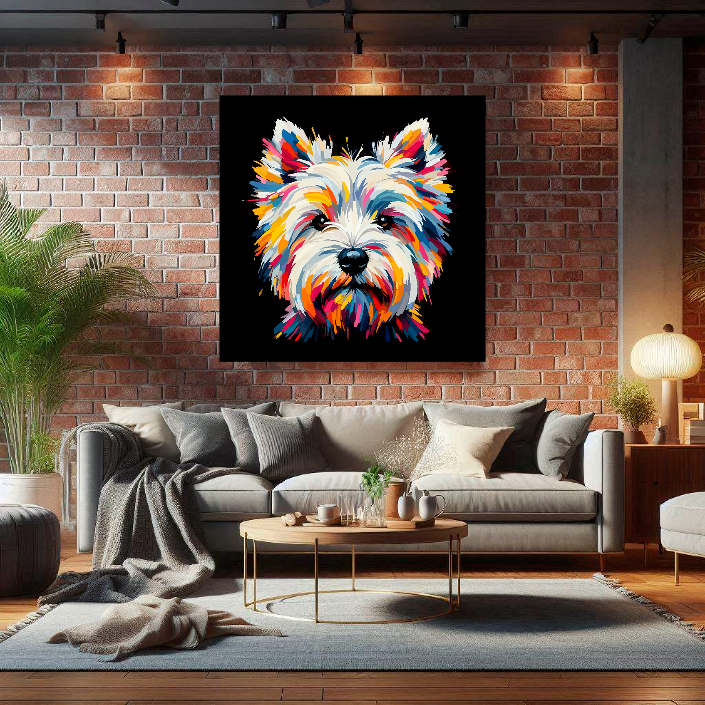 Large West Highland Terrier canvas on brick wall above grey sofa - bold dog portrait UK living room