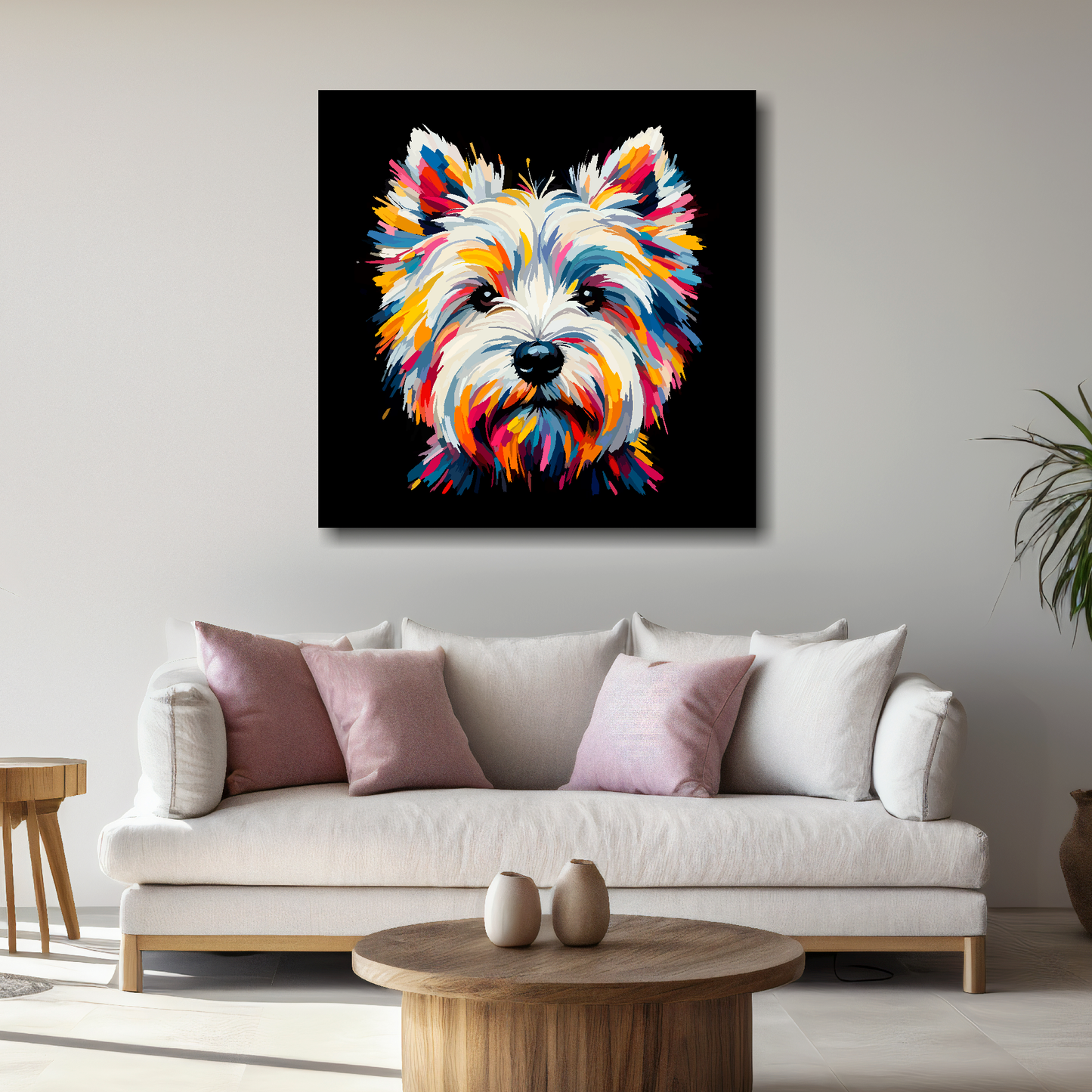 Large West Highland Terrier canvas above white sofa - vibrant abstract dog portrait wall art UK