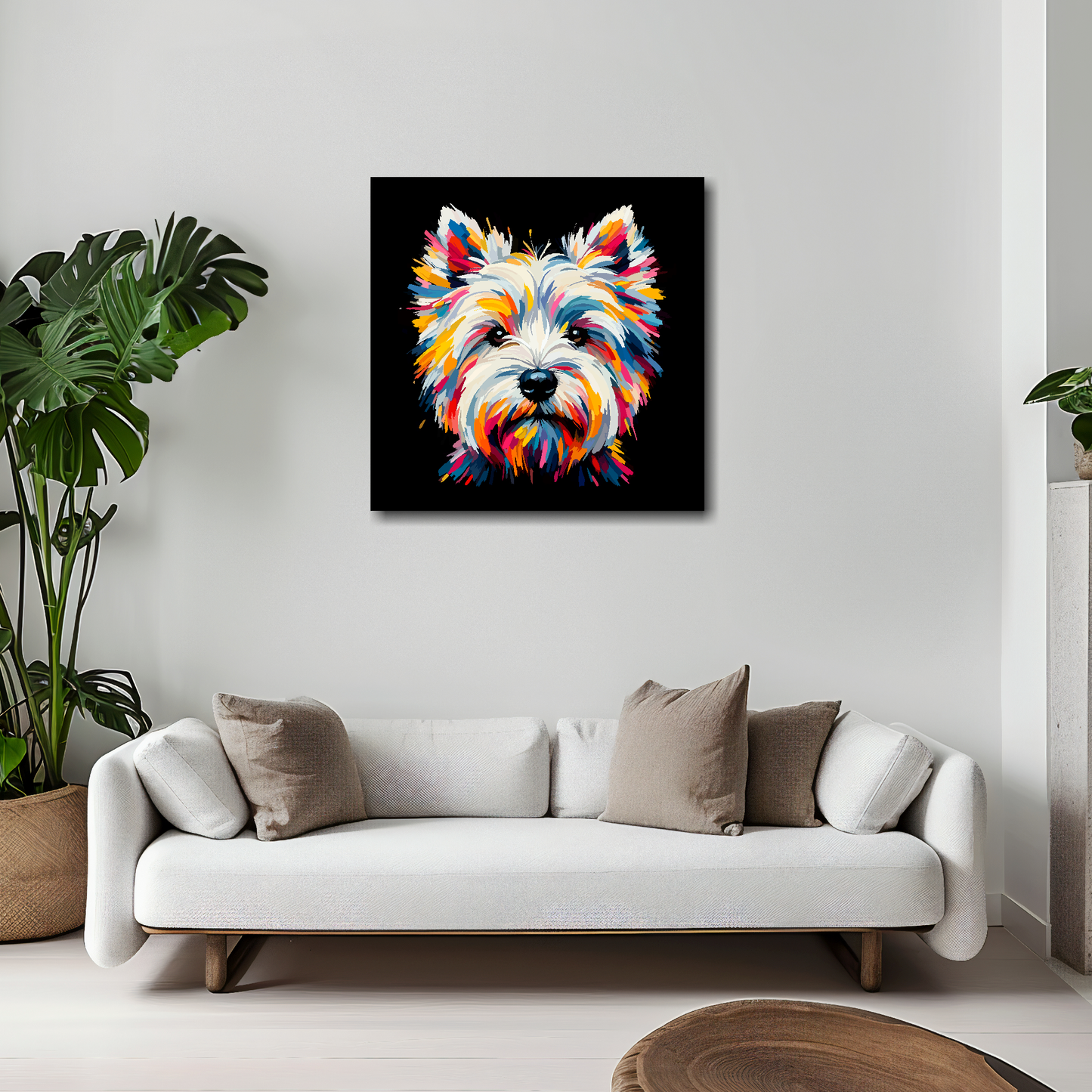 West Highland Terrier canvas 20x20 inches above white sofa - vibrant dog portrait wall art UK