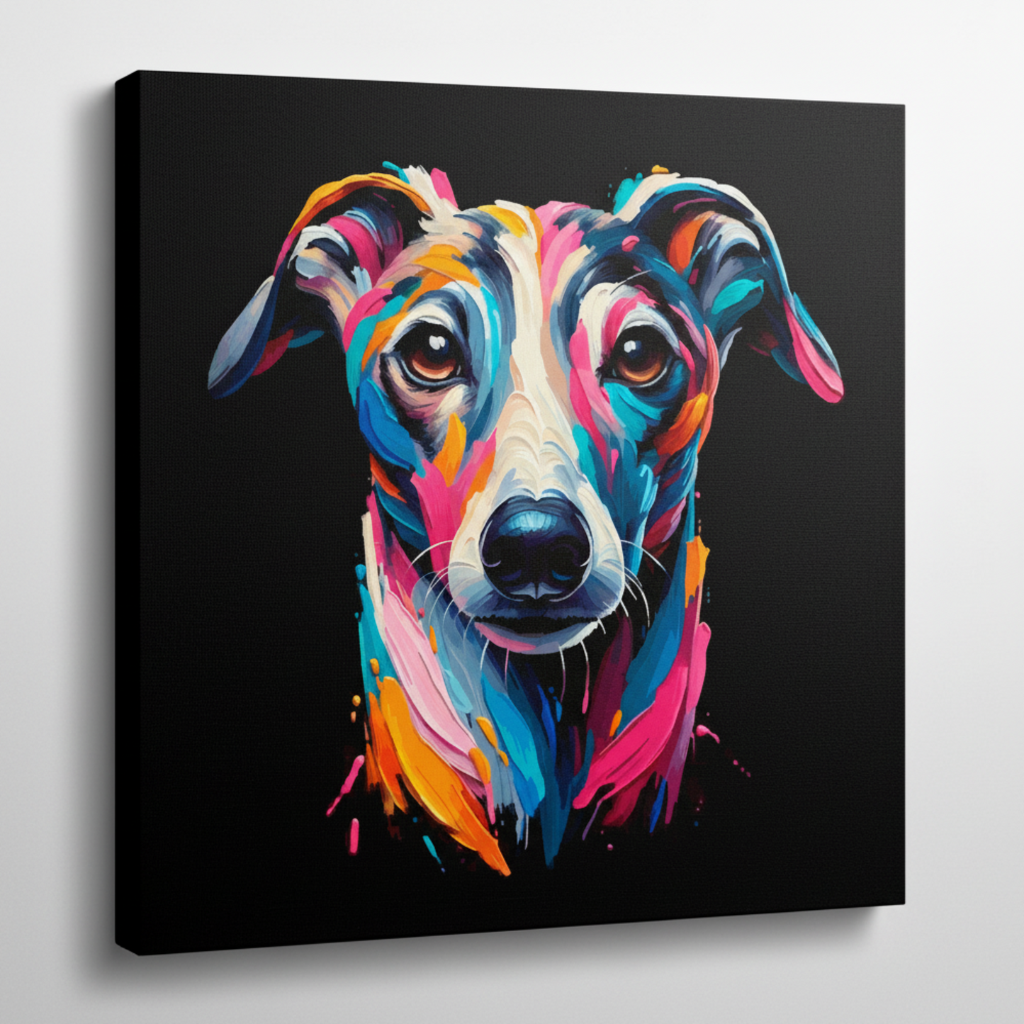 Colourful Whippet dog portrait canvas print - UK made abstract pet wall art black background