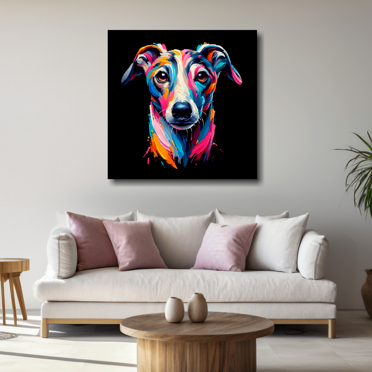 Large Whippet canvas above white sofa - vibrant abstract dog portrait wall art UK