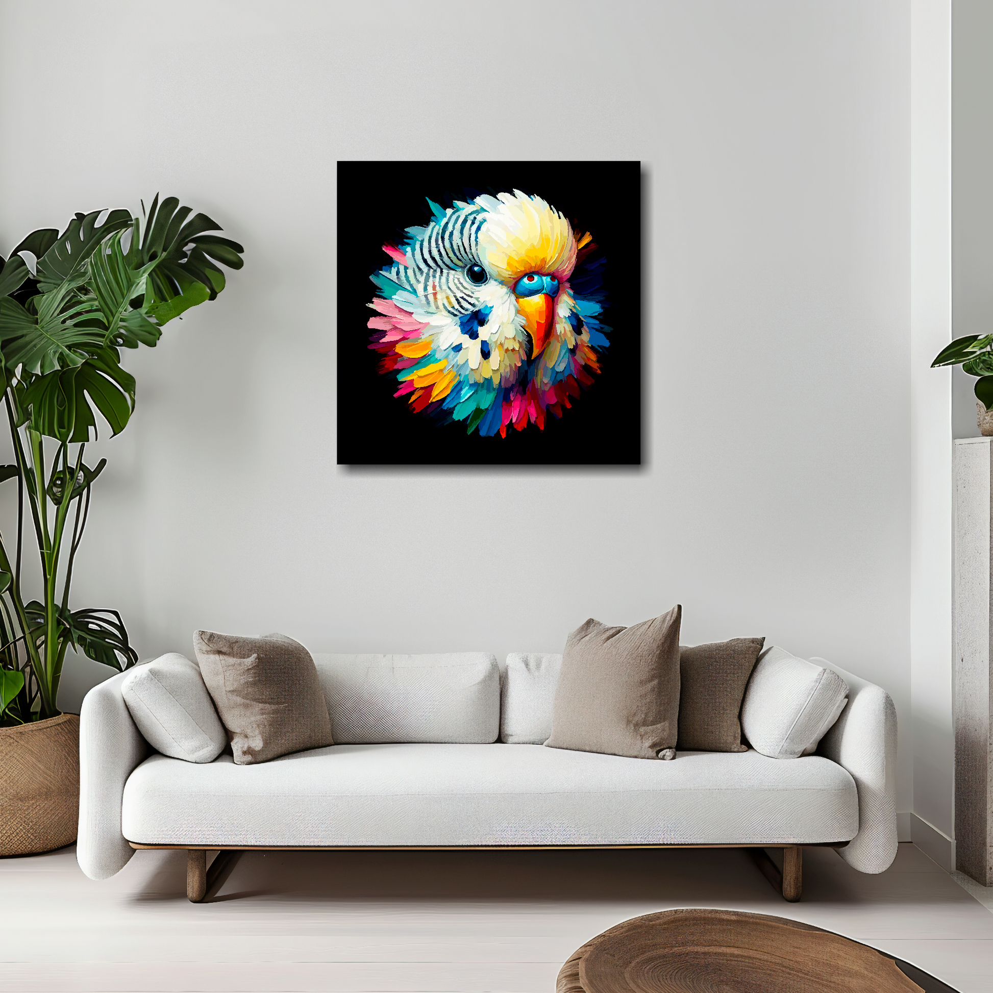 White Budgie canvas 20x20 inches above white sofa - vibrant bird portrait wall art UK