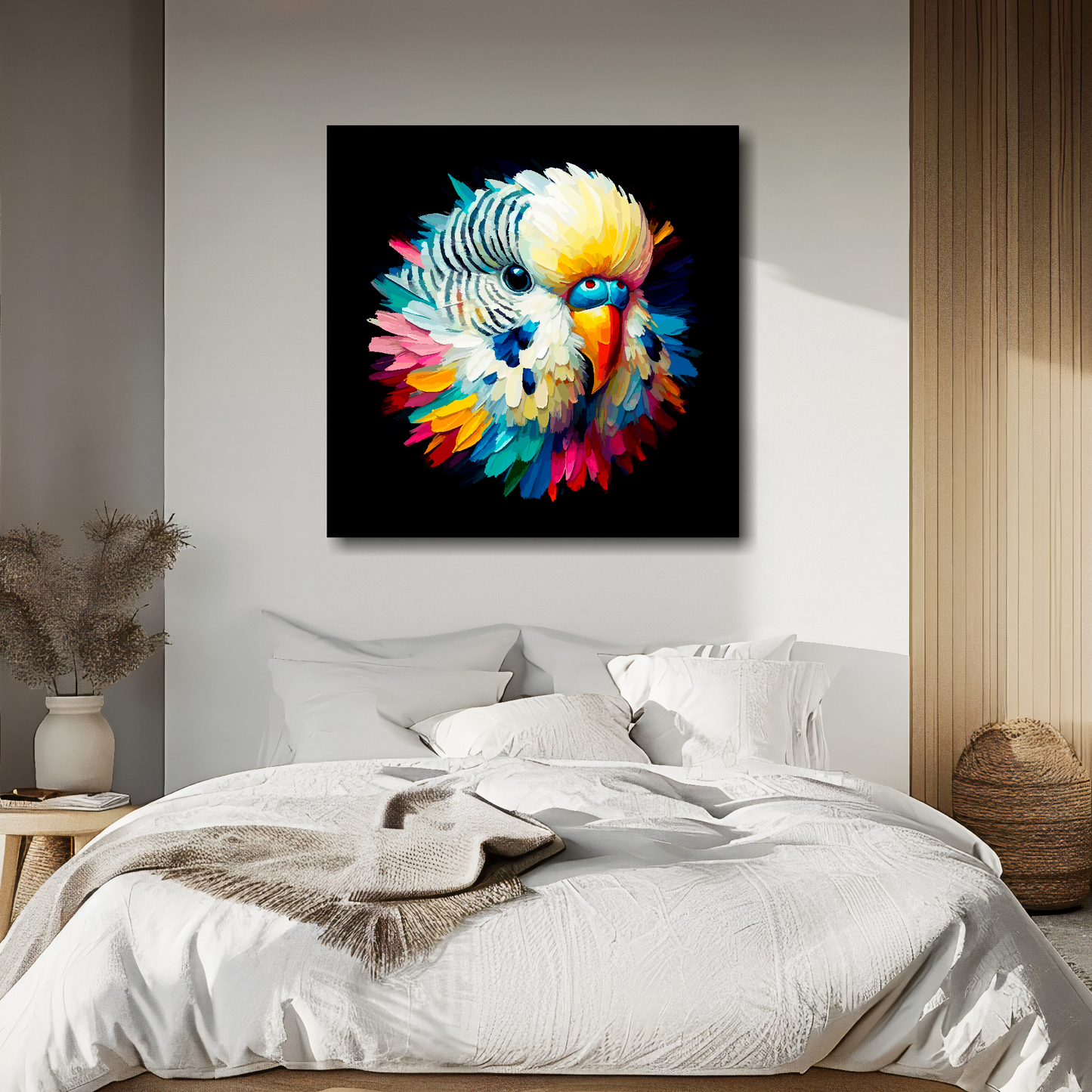 White Budgie portrait canvas above bed - colourful bird wall decor for UK bedrooms
