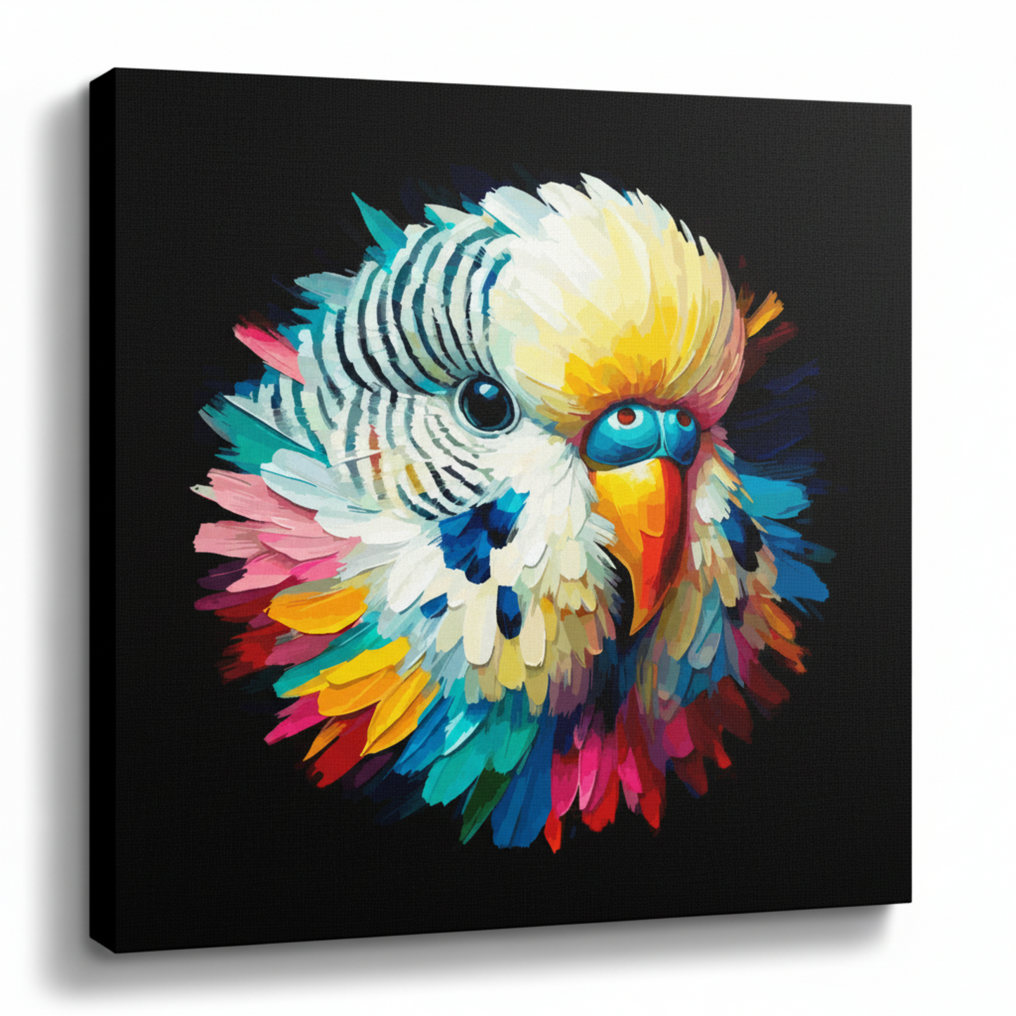 Colourful White Budgie bird portrait canvas print - UK made abstract pet wall art black background