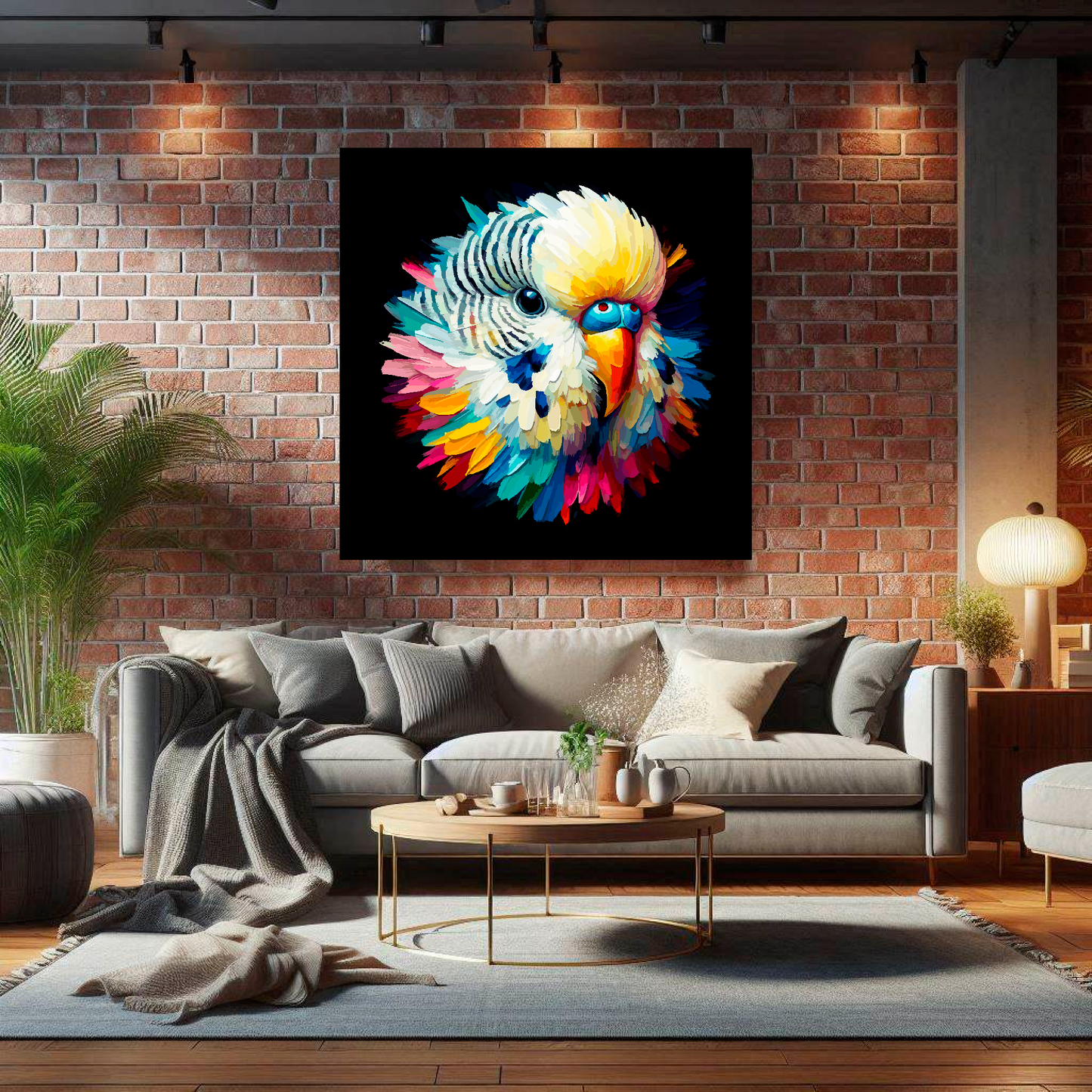 Large White Budgie canvas on brick wall above grey sofa - bold bird portrait UK living room