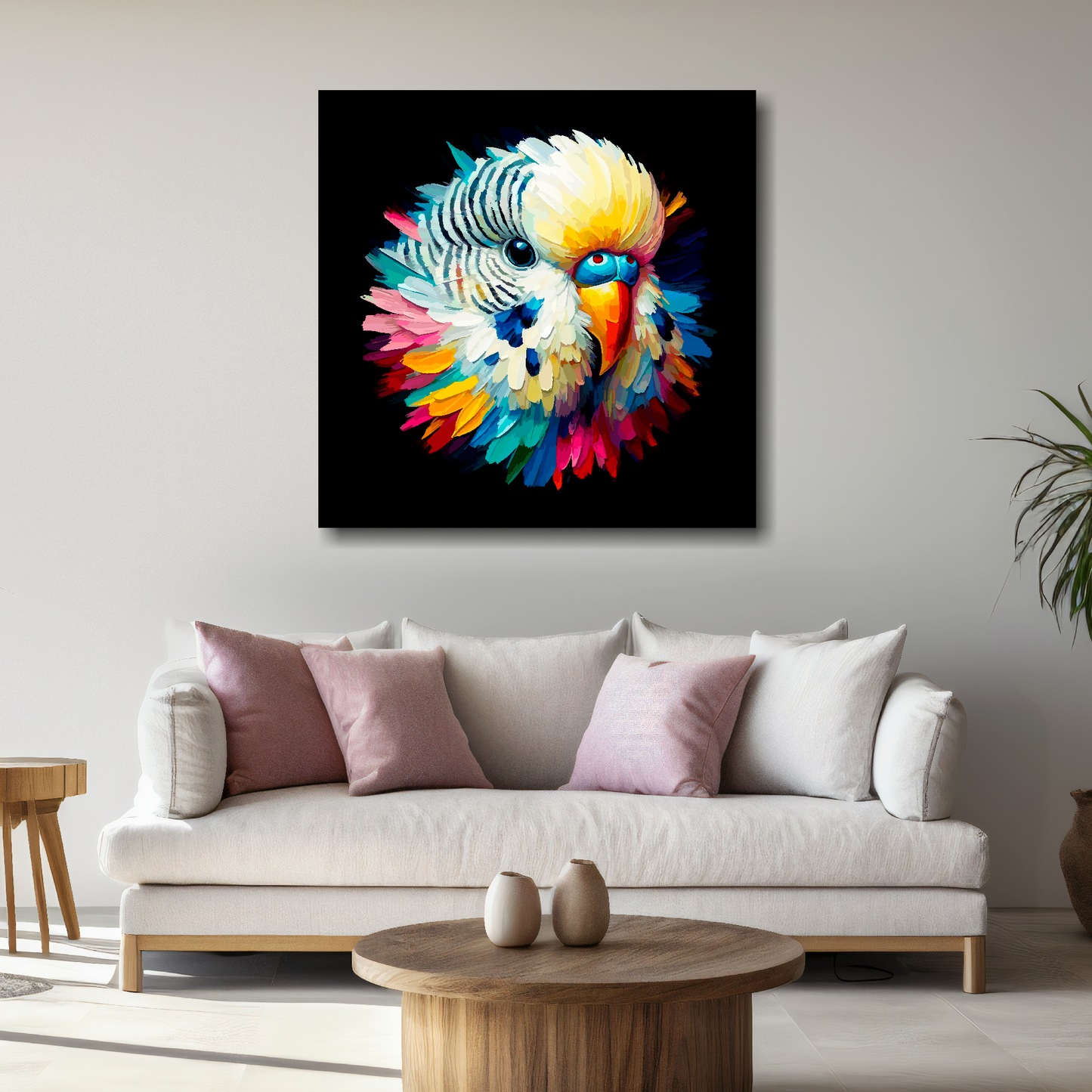 Large White Budgie canvas above white sofa - vibrant abstract bird portrait wall art UK