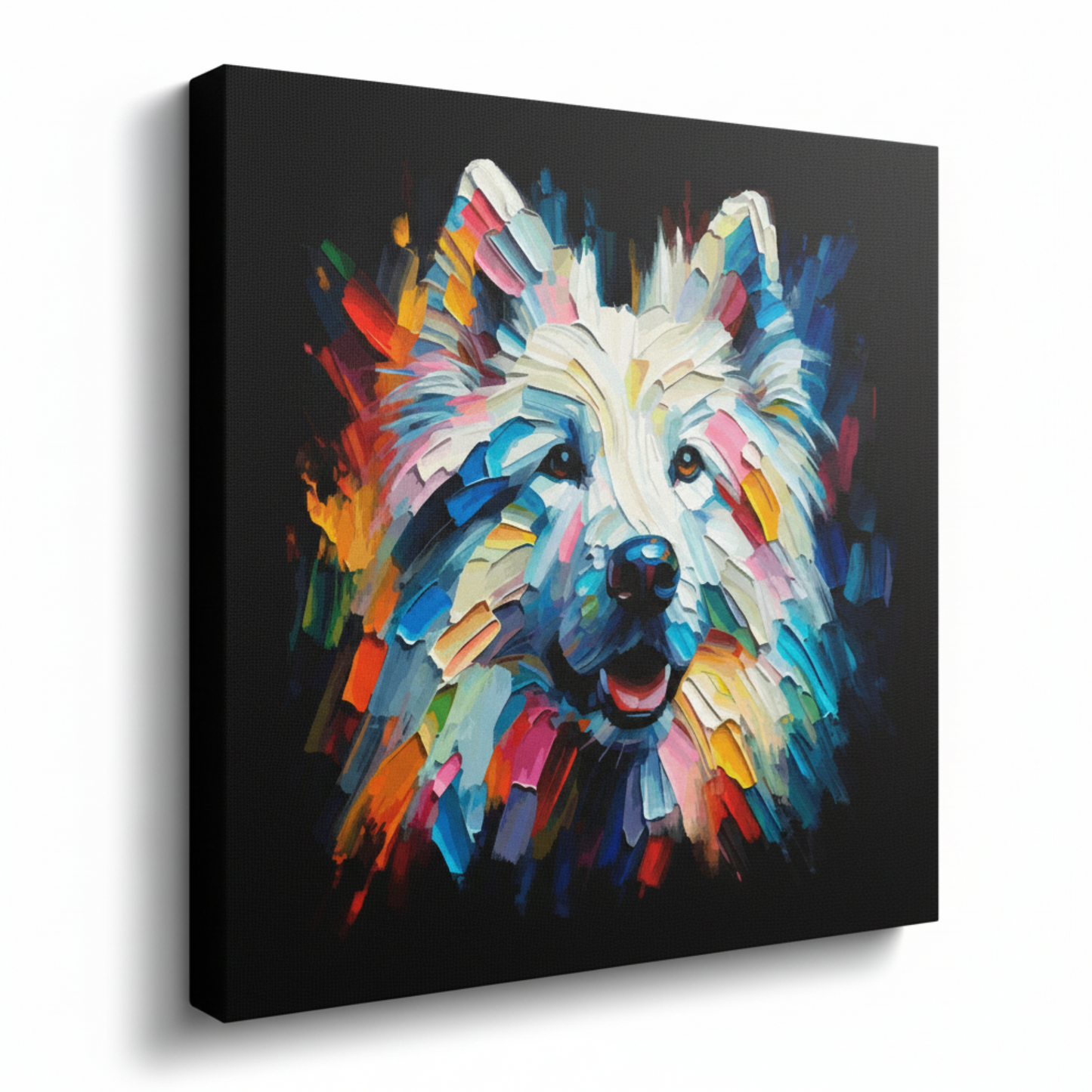 Colourful White Shepherd dog portrait canvas print - UK made abstract pet wall art black background