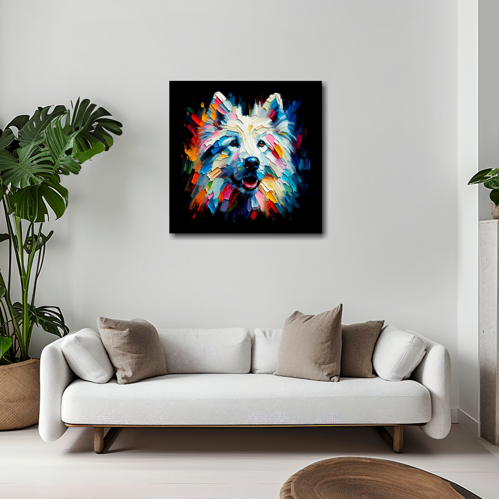 White Shepherd canvas 20x20 inches above white sofa - vibrant dog portrait wall art UK