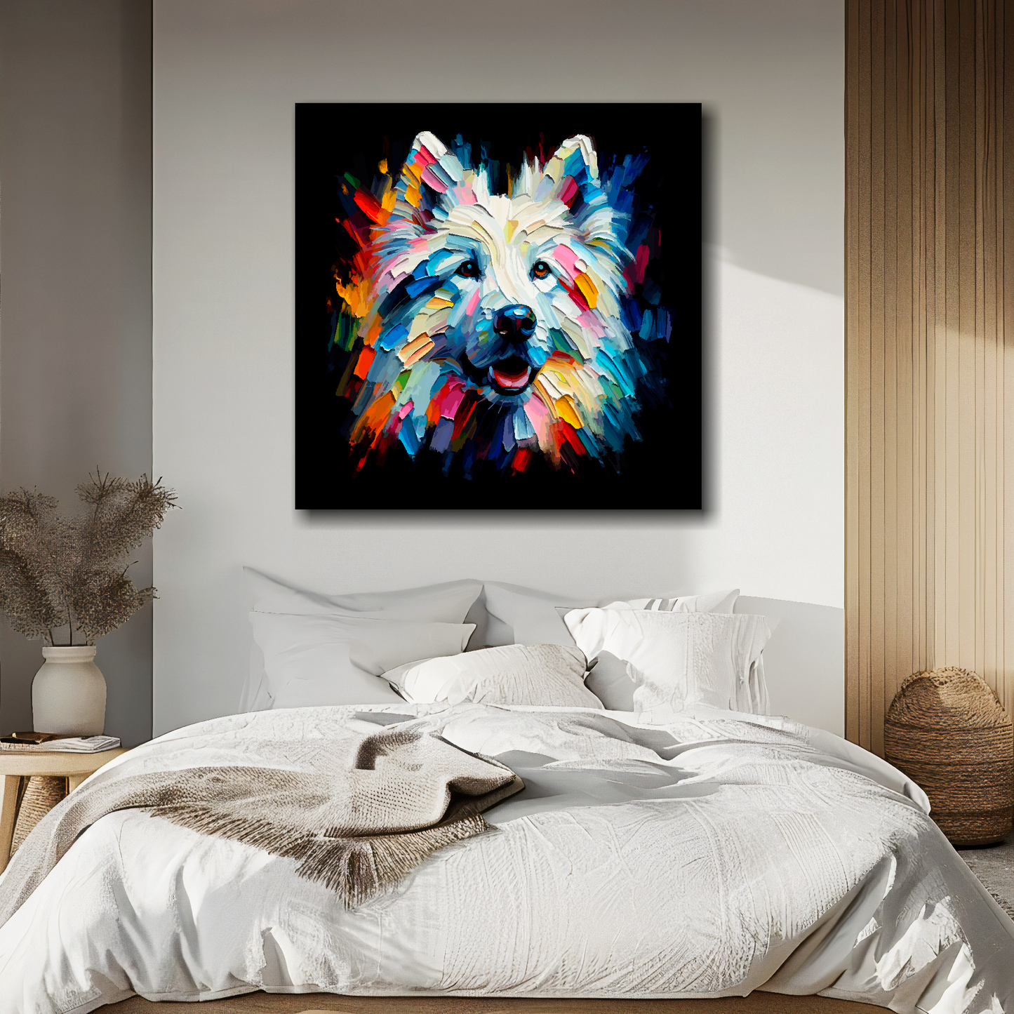 White Shepherd portrait canvas above bed - colourful dog wall decor for UK bedrooms