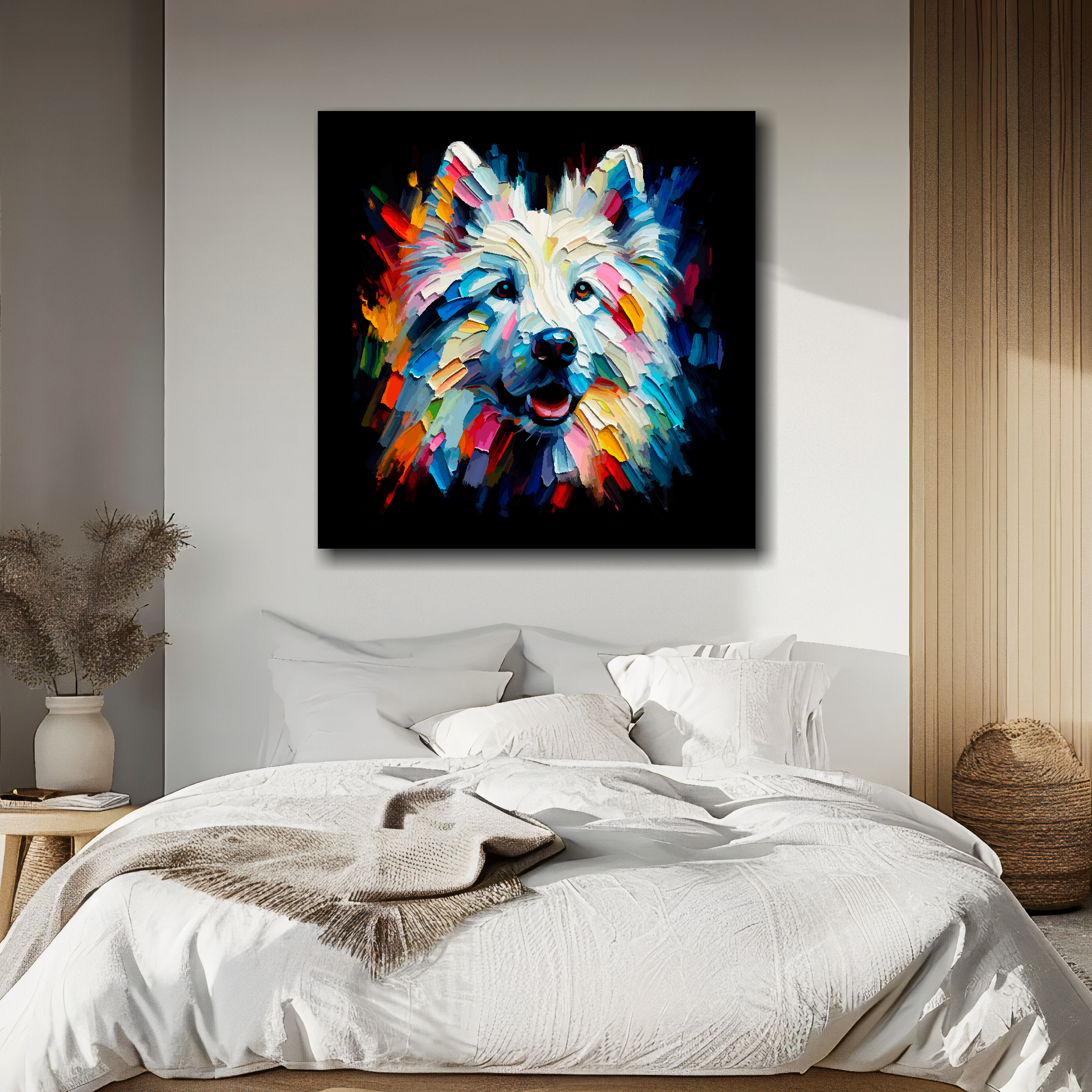 White Shepherd portrait canvas above bed - colourful dog wall decor for UK bedrooms
