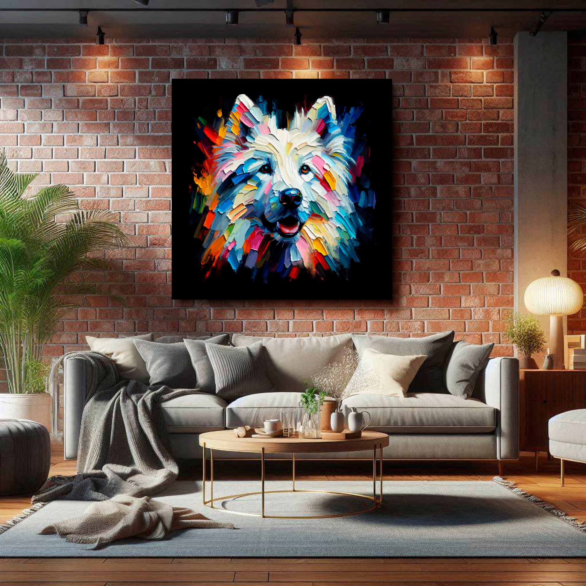 Large White Shepherd canvas on brick wall above grey sofa - bold dog portrait UK living room