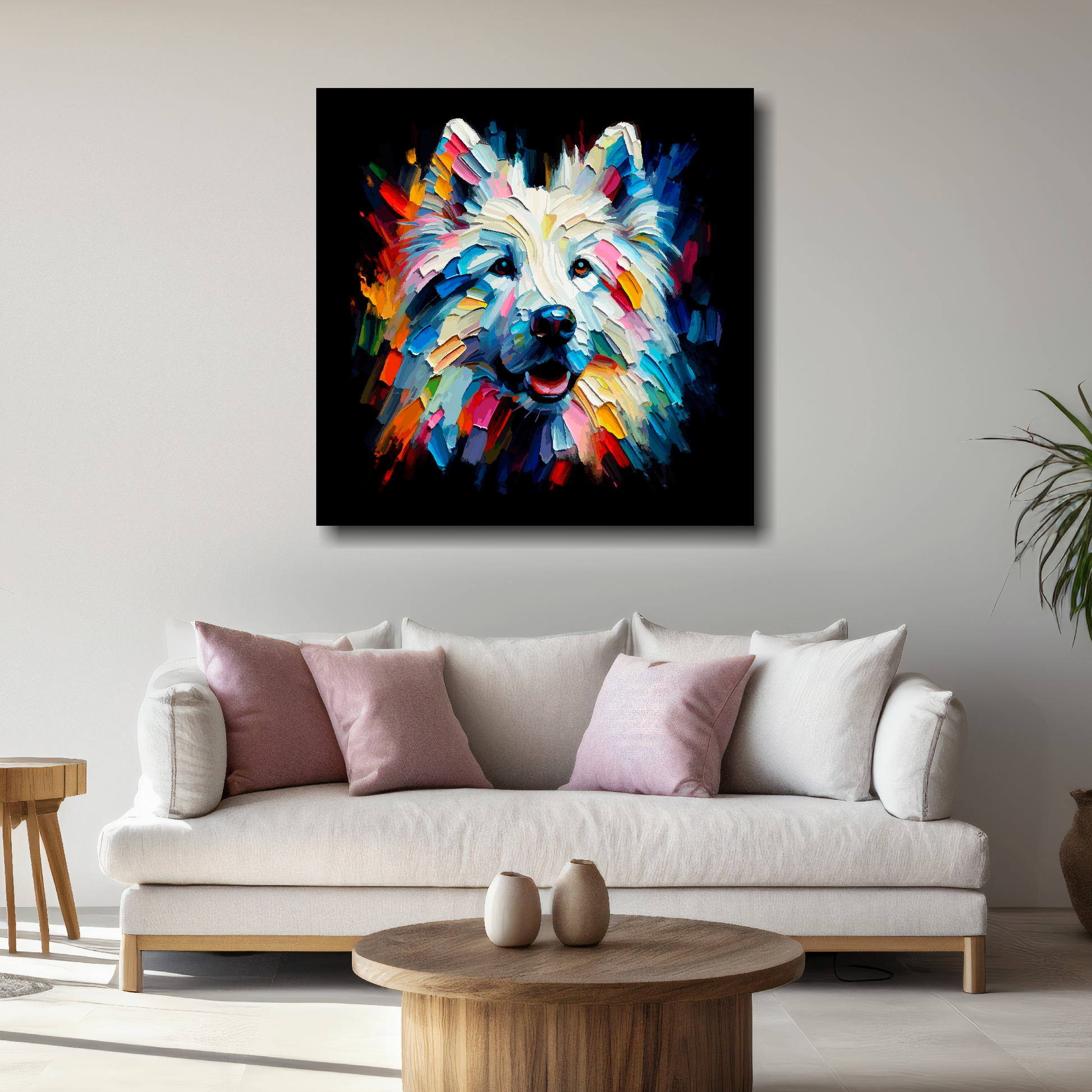 Large White Shepherd canvas above white sofa - vibrant abstract dog portrait wall art UK