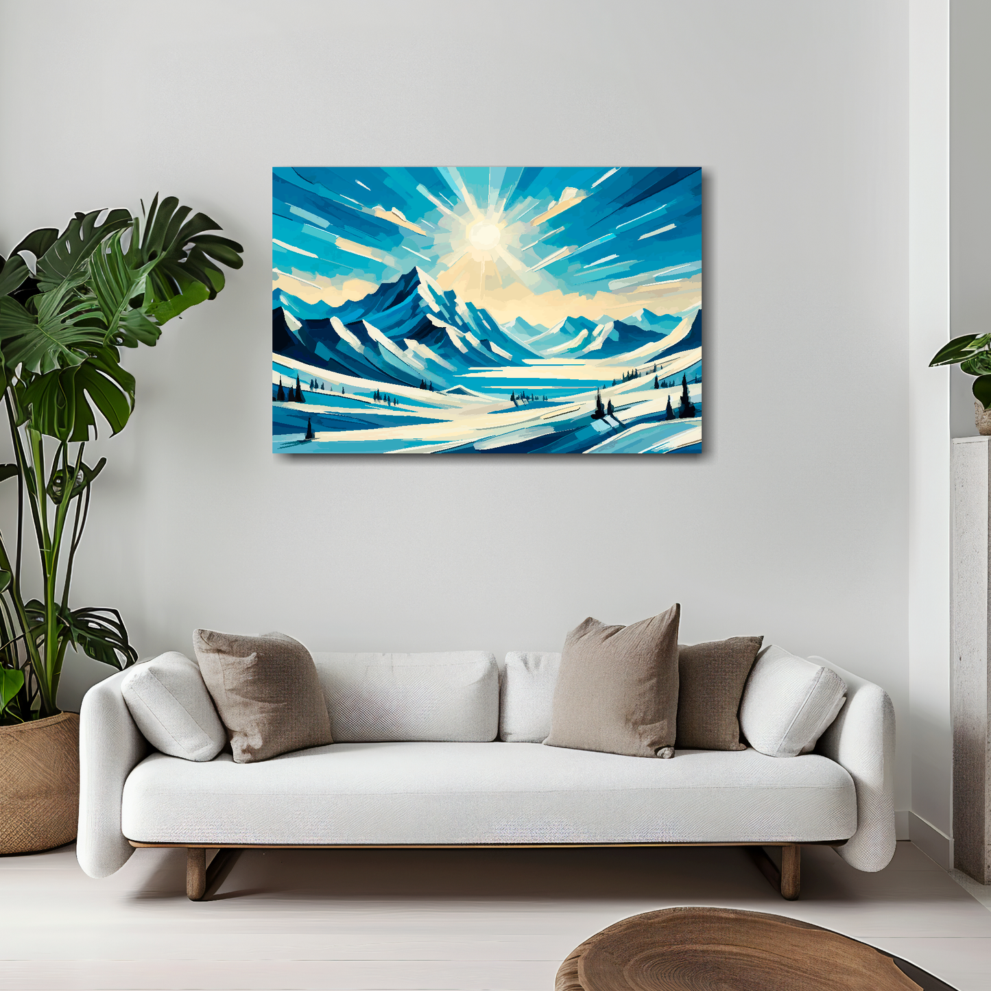 White silence canvas 30x20 inches above white sofa - vibrant landscape wall art UK
