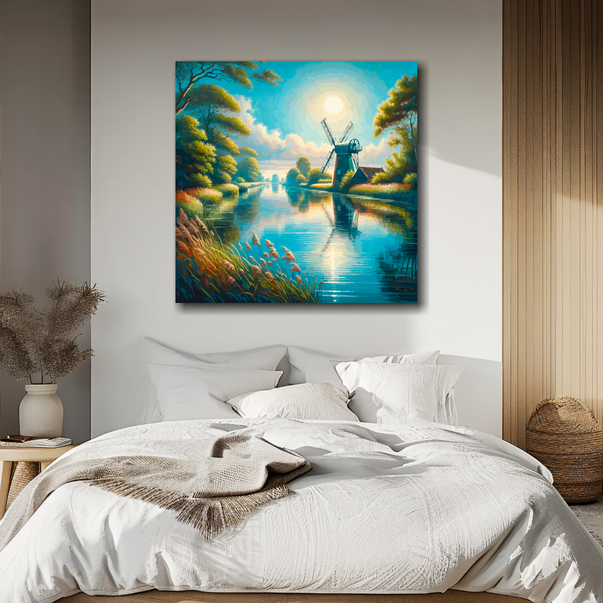 Turning light canvas above bed - colourful landscape wall decor for UK bedrooms