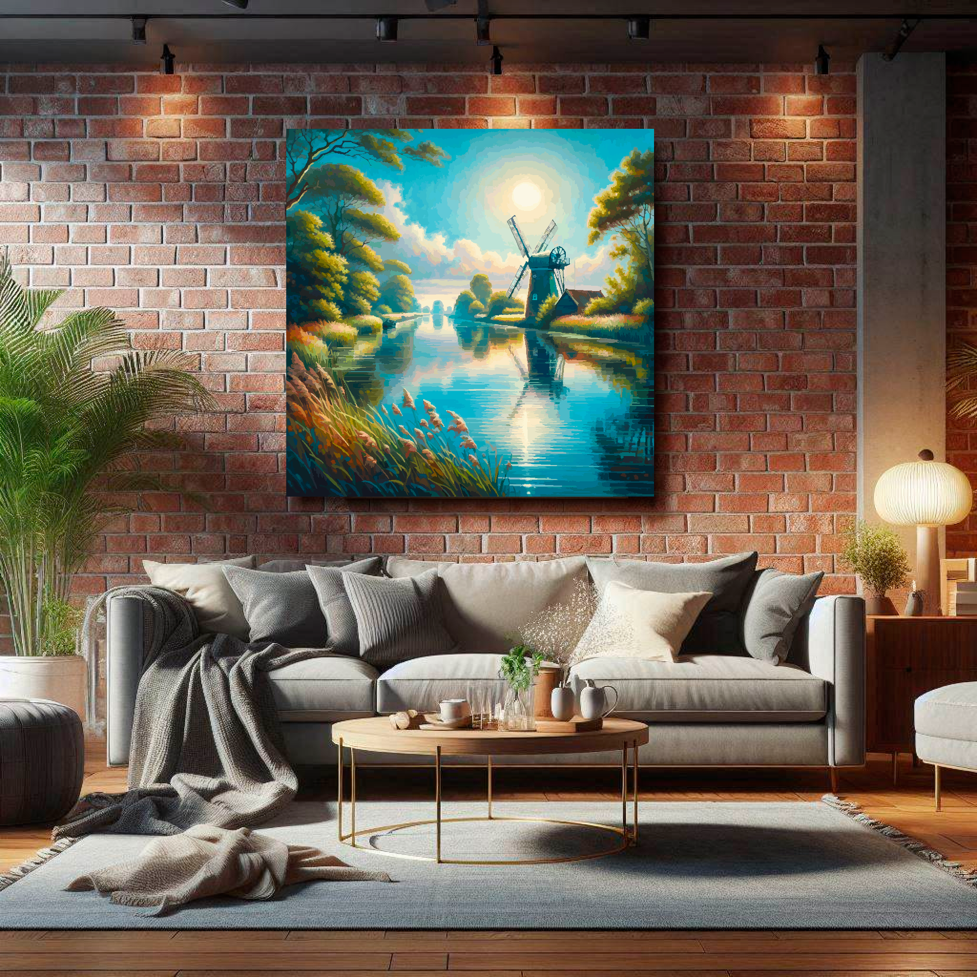 Large turning light canvas on brick wall above grey sofa - bold landscape art UK living room