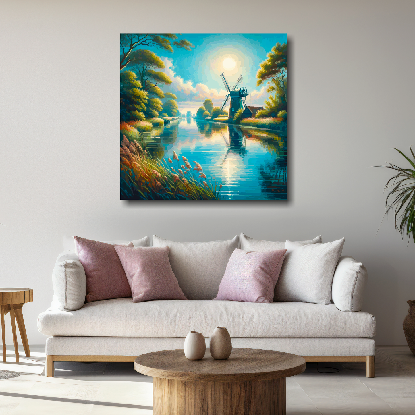 Large turning light canvas above white sofa - vibrant abstract landscape wall art UK