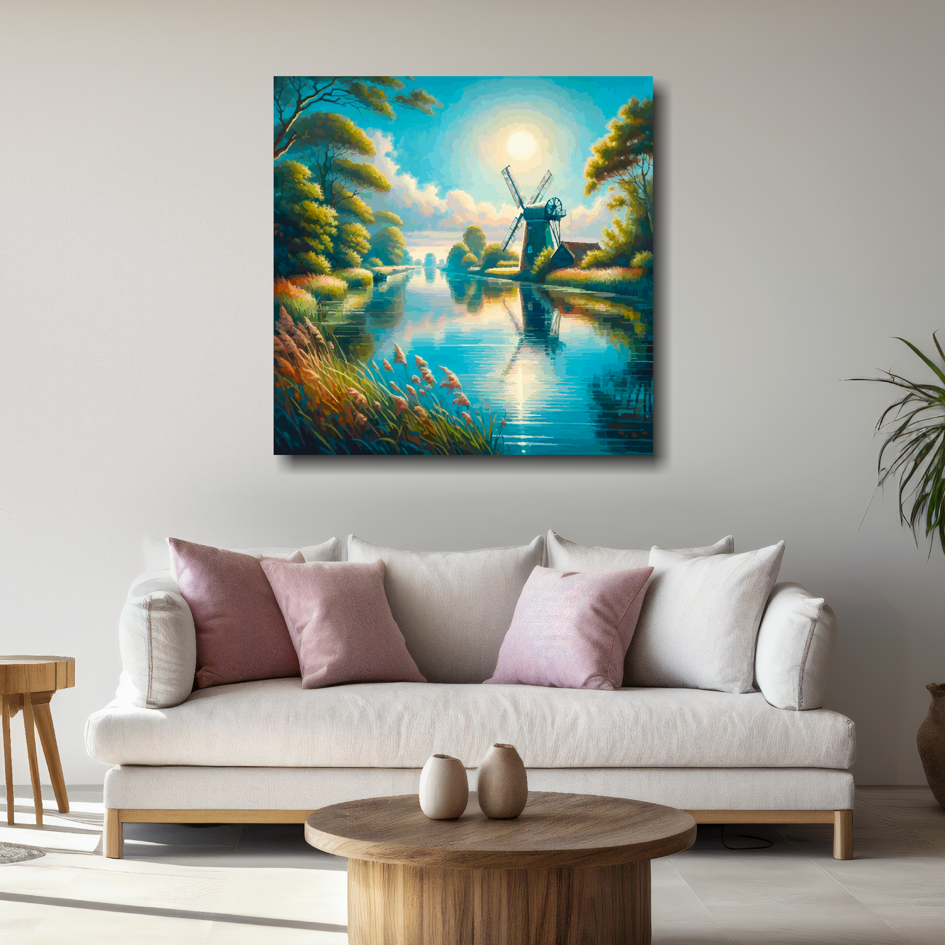 Large turning light canvas above white sofa - vibrant abstract landscape wall art UK