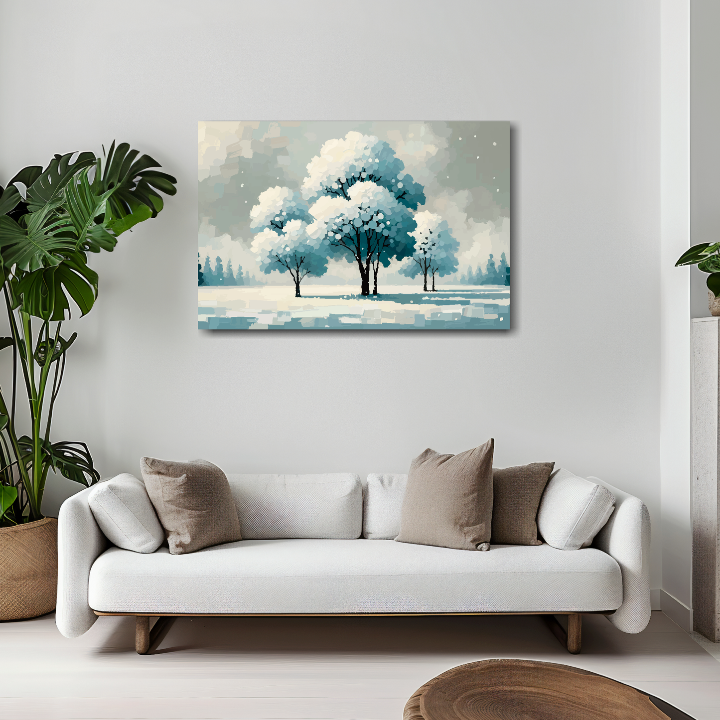 Winter kinship canvas 30x20 inches above white sofa - vibrant landscape wall art UK