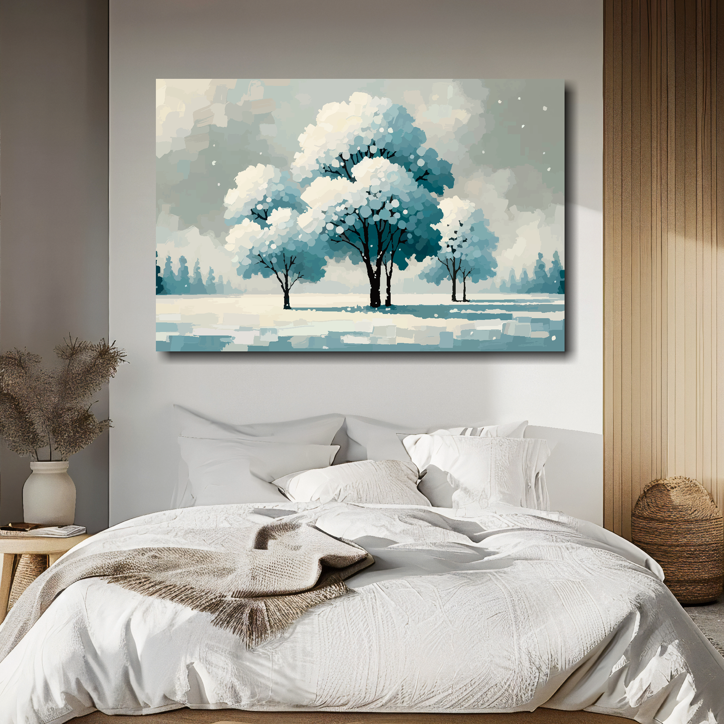Winter kinship canvas above bed - colourful tree landscape wall decor for UK bedrooms