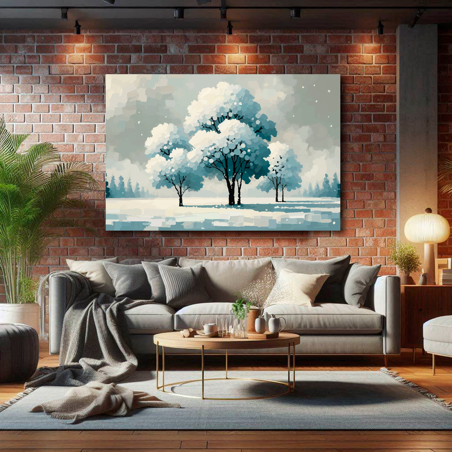 Large winter kinship canvas on brick wall above grey sofa - tree landscape art UK living room