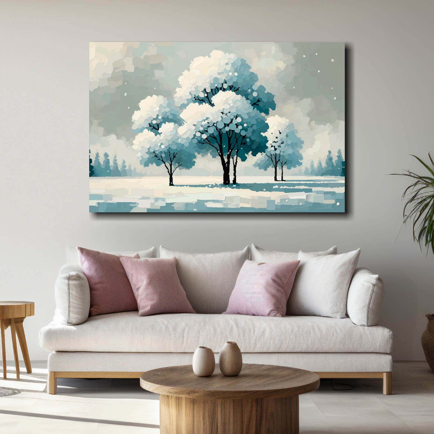 Large winter kinship canvas above white sofa - abstract tree landscape wall art UK

