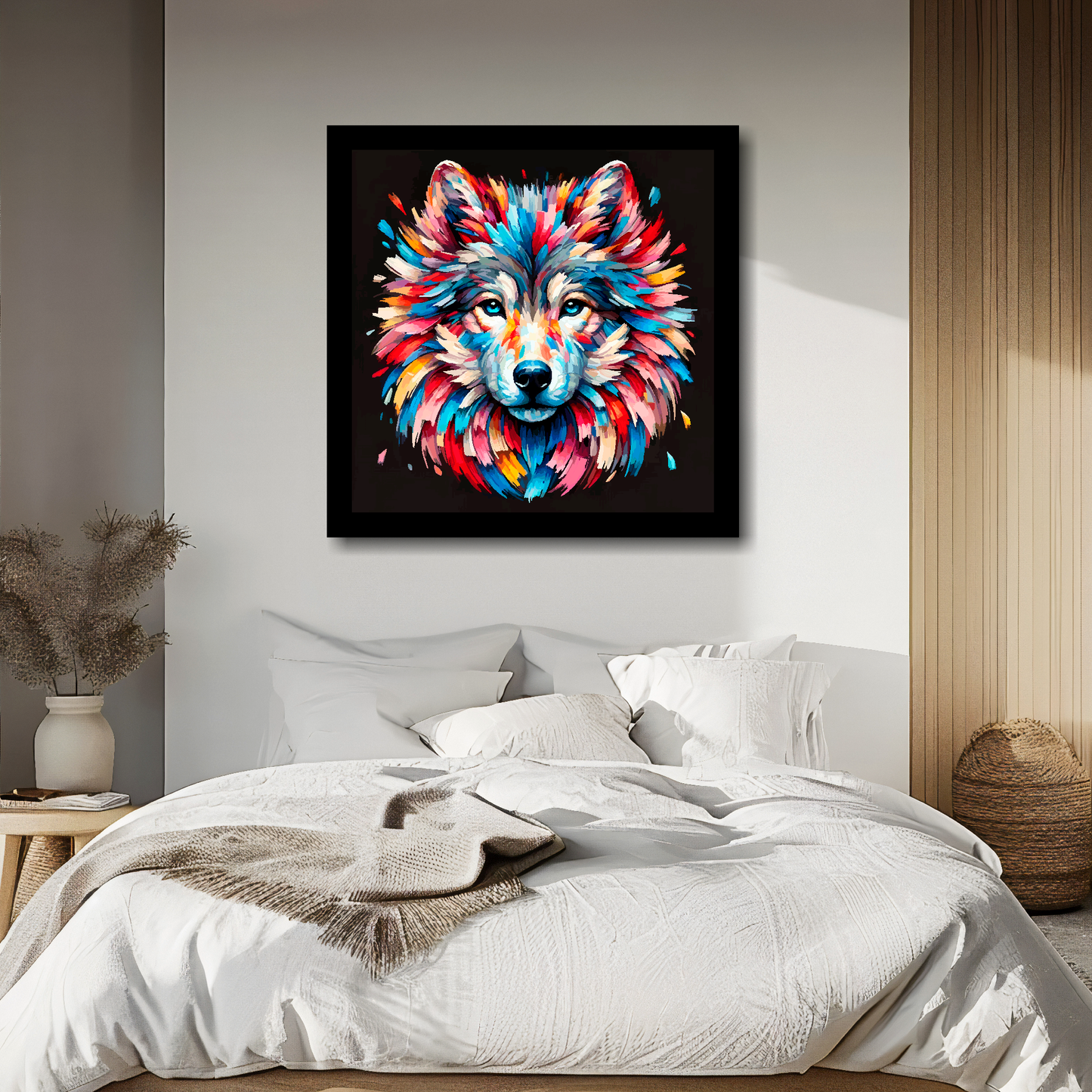 Wolf portrait canvas above bed - colourful wildlife wall decor for UK bedrooms