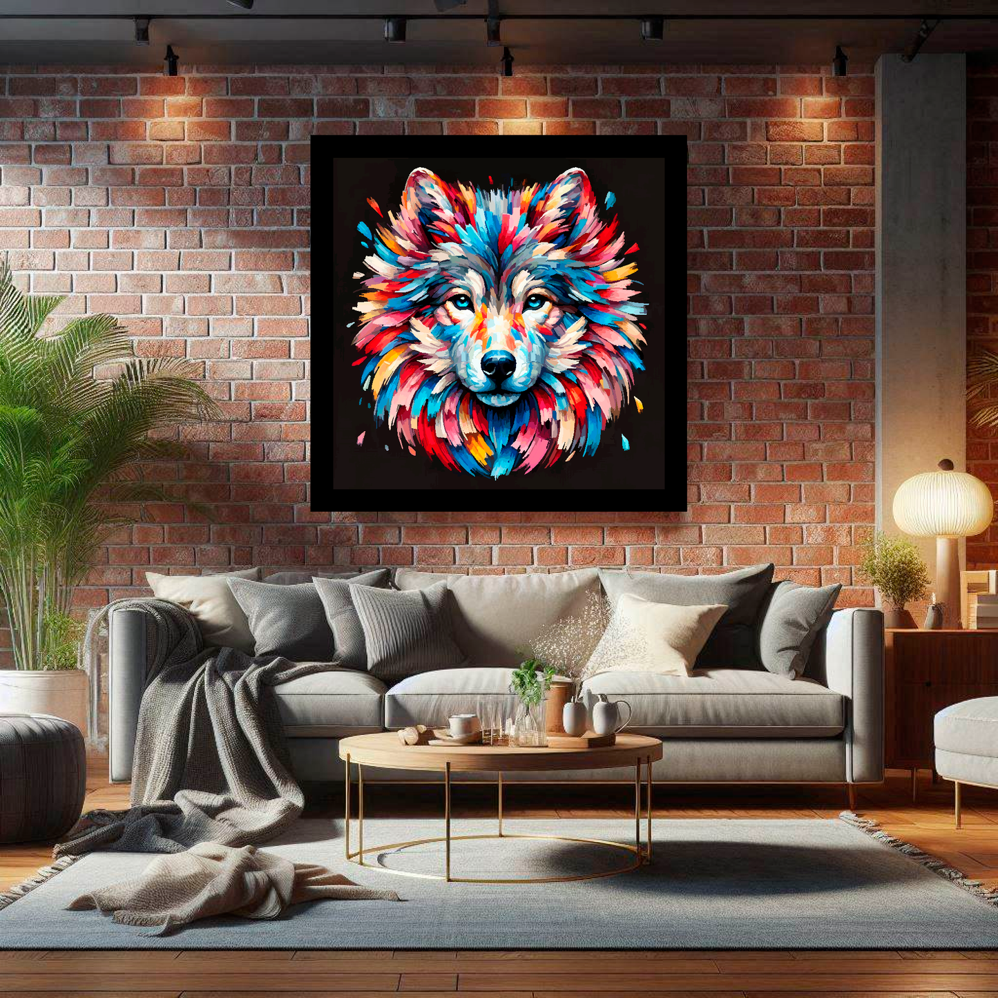 Large Wolf canvas on brick wall above grey sofa - bold wildlife portrait UK living room