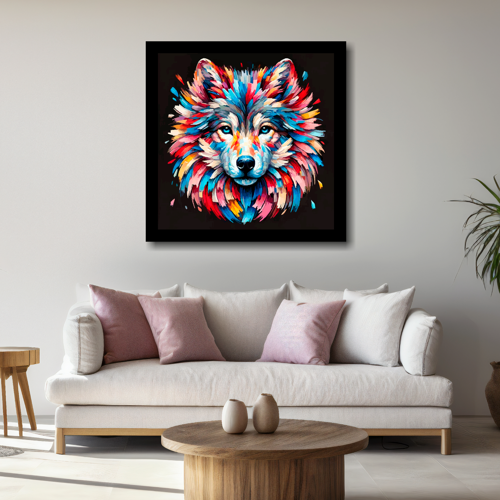 Large Wolf canvas above white sofa - vibrant abstract wildlife portrait wall art UK