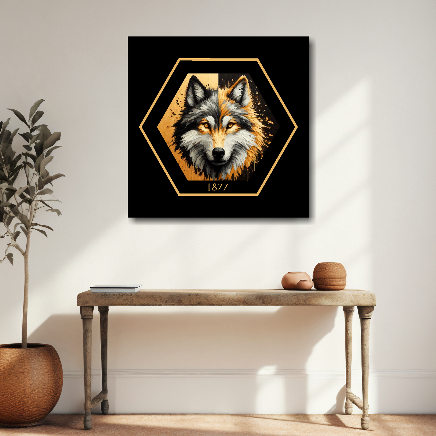Large Wolves inspired canvas above wooden table - vibrant abstract UK football wall art

