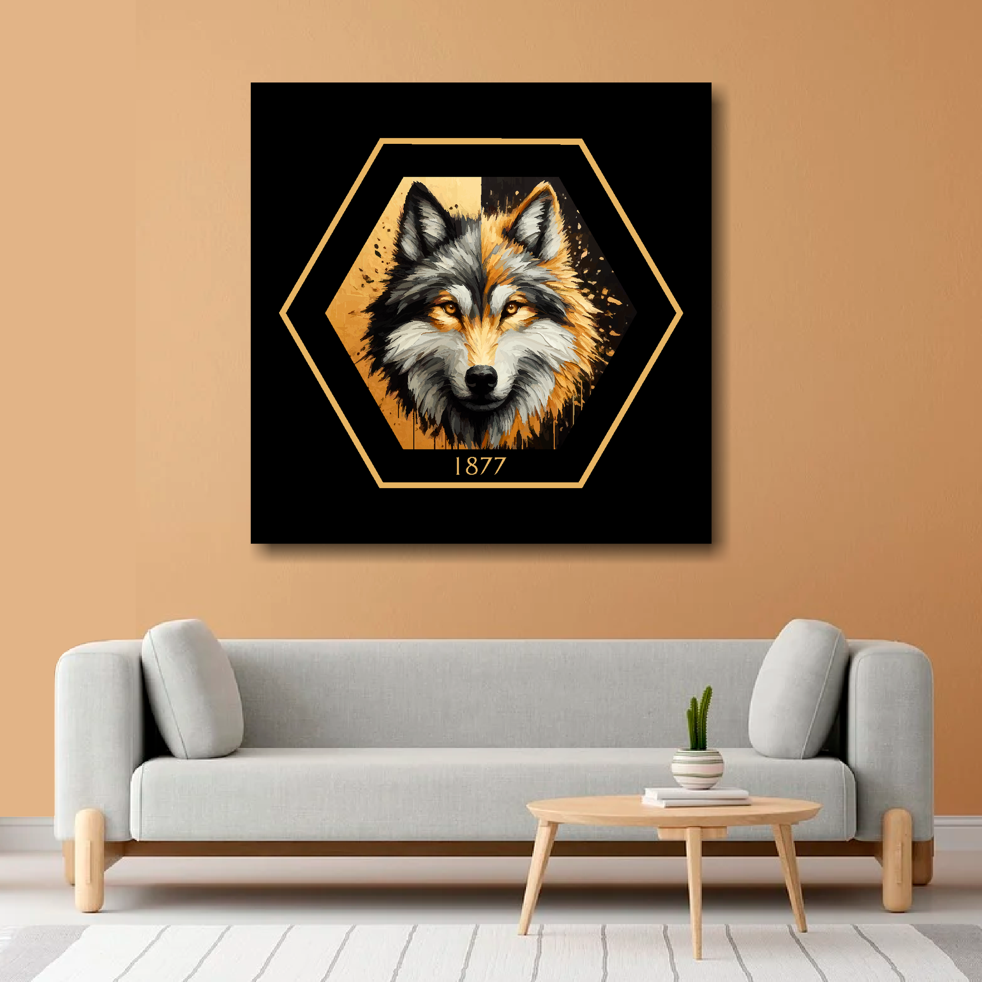 Large Wolves inspired canvas on orange wall above grey sofa - bold UK football art living room