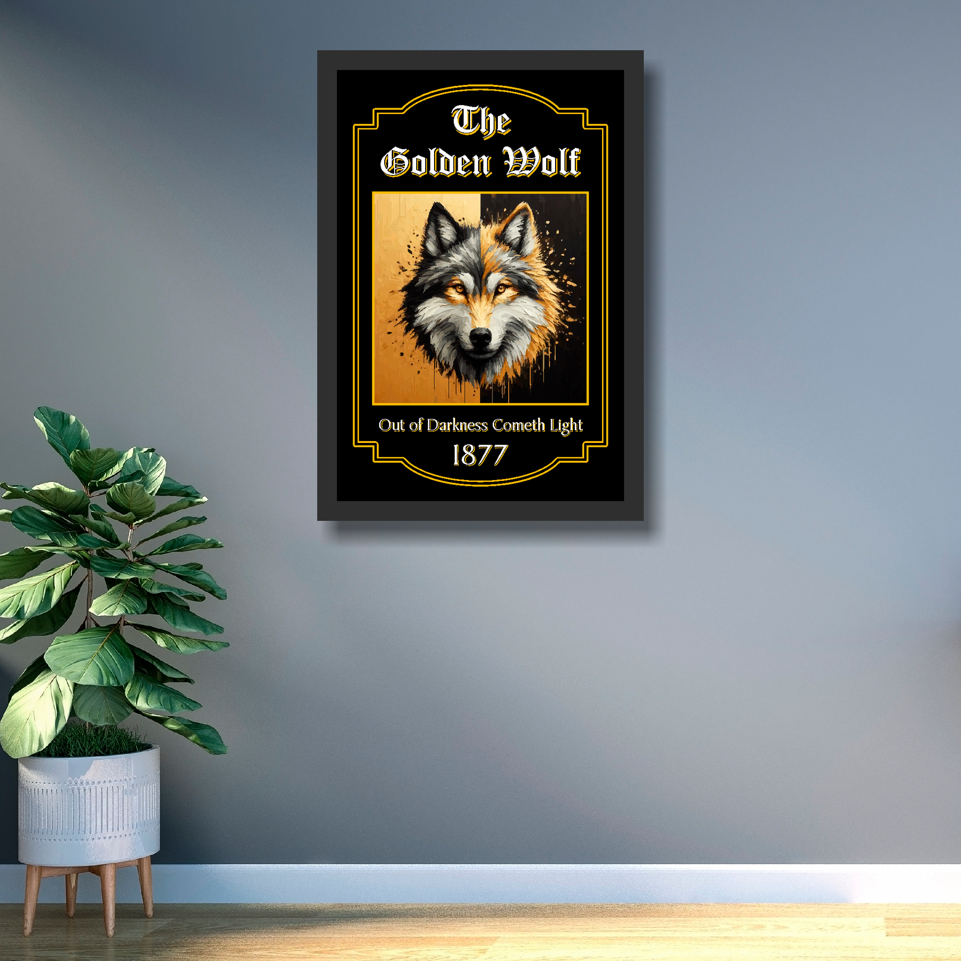 Wolves FC framed artwork of a wolf with text on a wall next to a plant