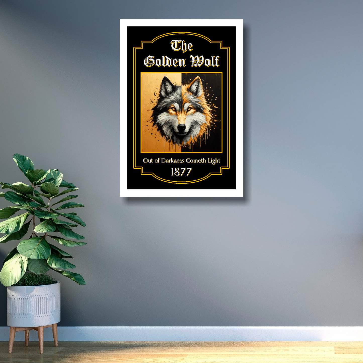 Wolves fc framed artwork of a wolf with text on a wall next to a plant