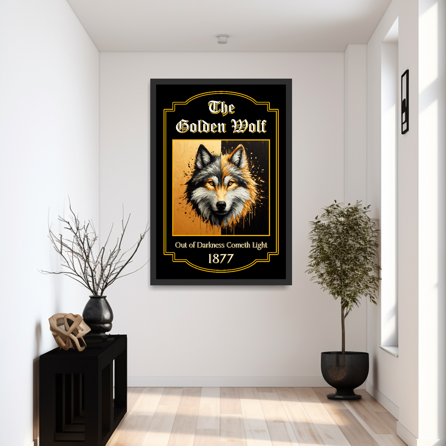 Wolves FC Large black framed artwork of a wolf with text in a modern interior setting