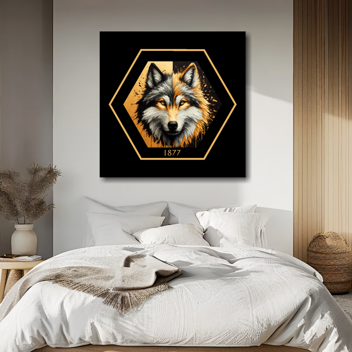 Wolves inspired canvas above bed - colourful UK football wall decor for bedrooms