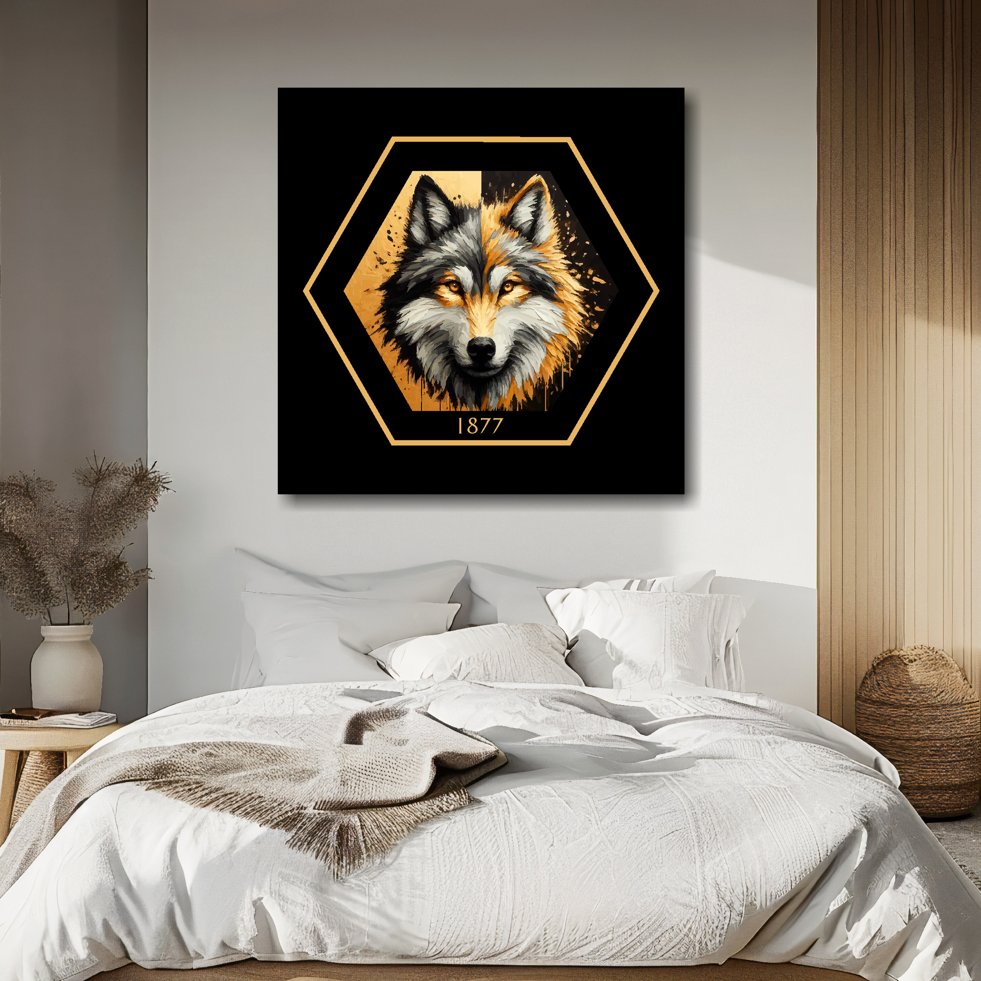 Wolves inspired canvas above bed - colourful UK football wall decor for bedrooms