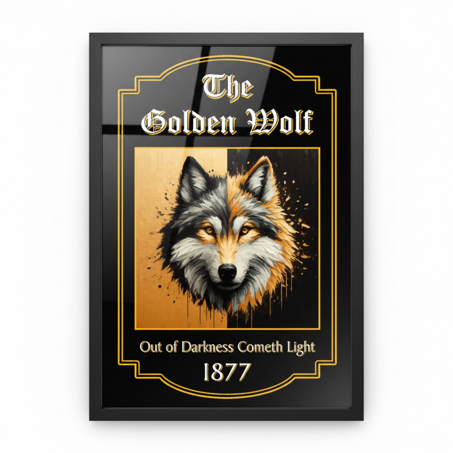 Framed Wolves FC artwork of a wolf with text 'The Golden Wolf' and 'Out of Darkness Cometh Light 1877'.