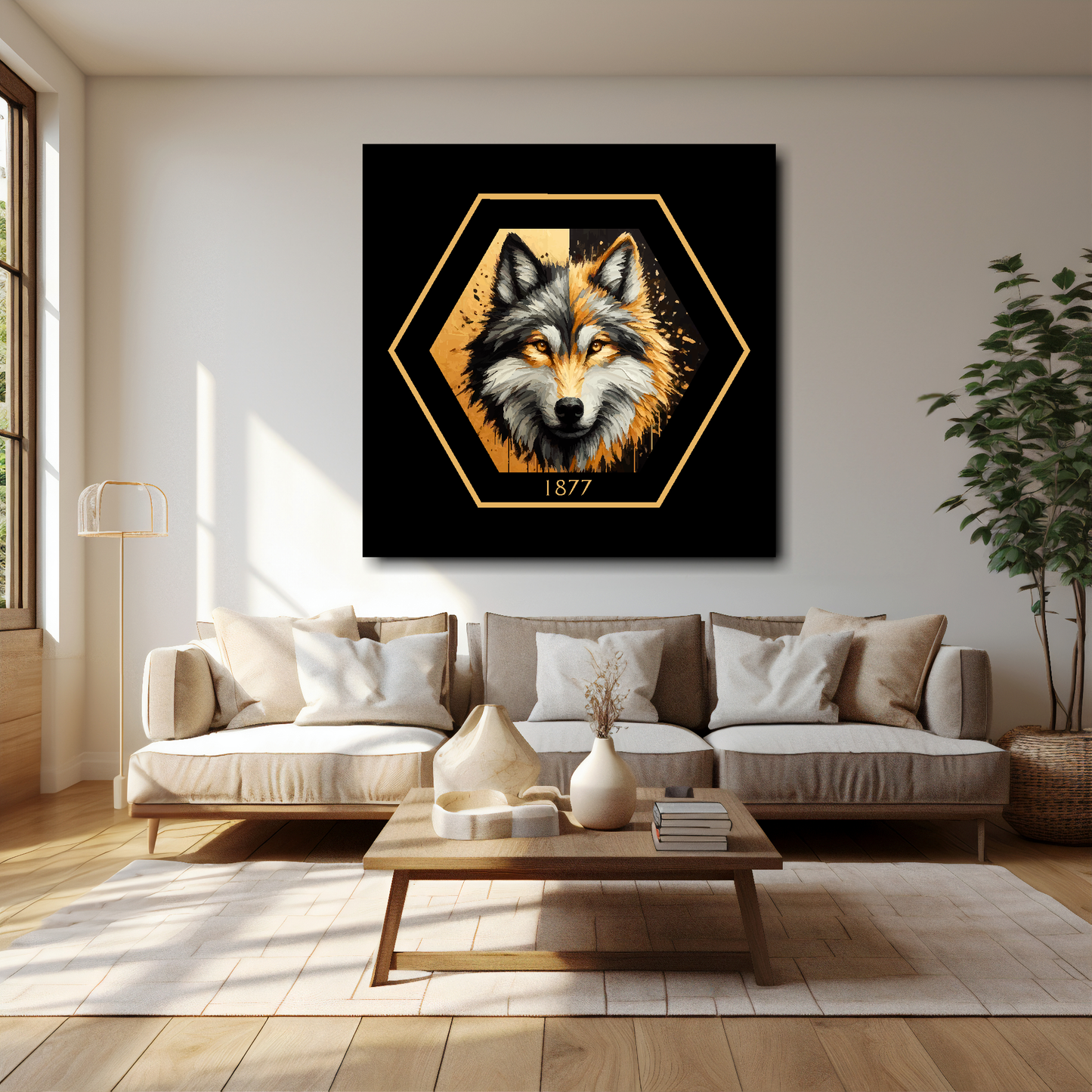 Wolves inspired canvas 40x40 inches above cream sofa - XL vibrant UK football wall art