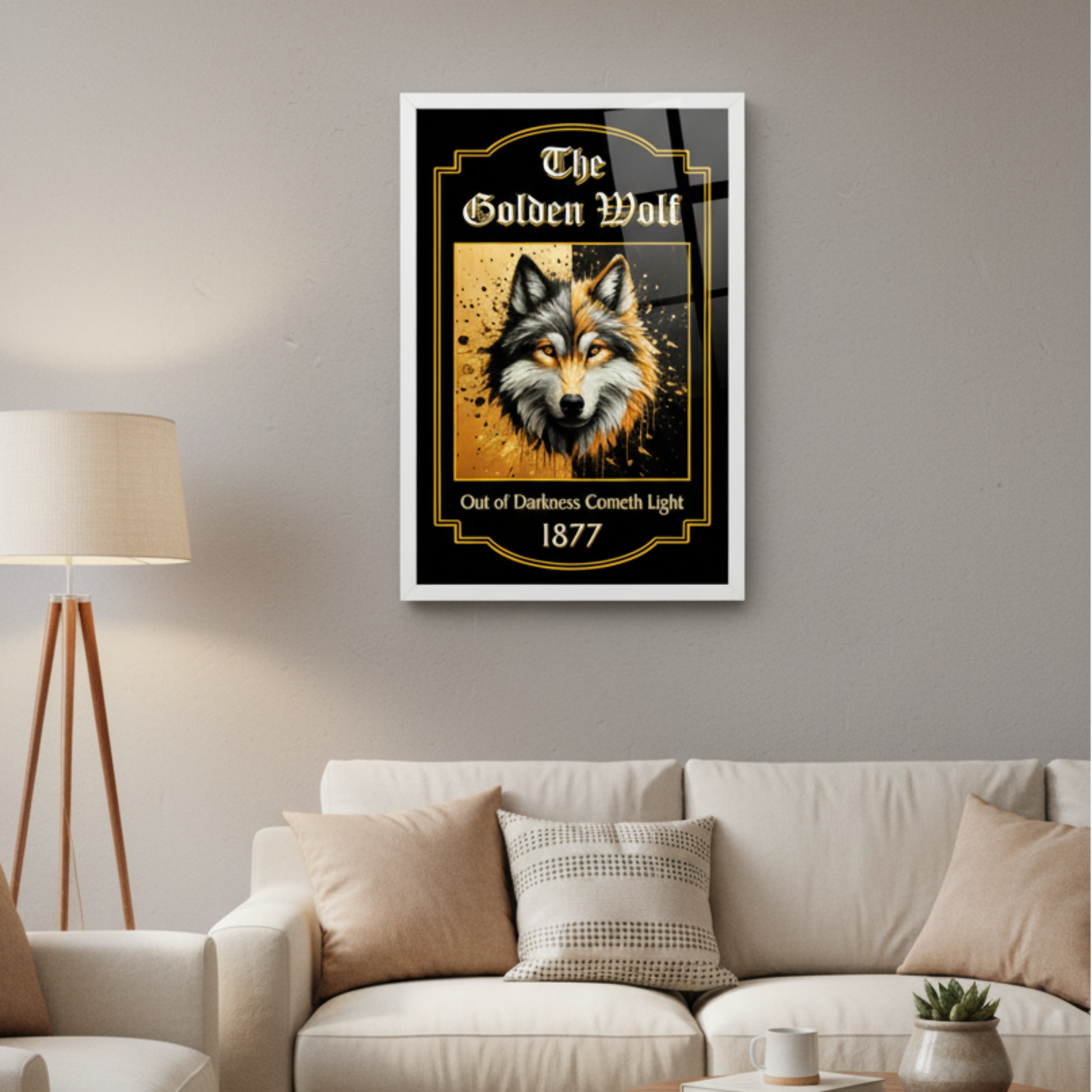 Wolverampton Wanders FC Framed artwork of a wolf's face on a wall above a sofa in a living room.