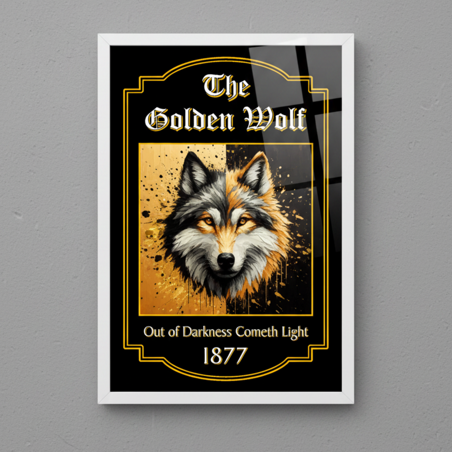 Wolves FC black and gold sign with a wolf illustration and text with a white frame